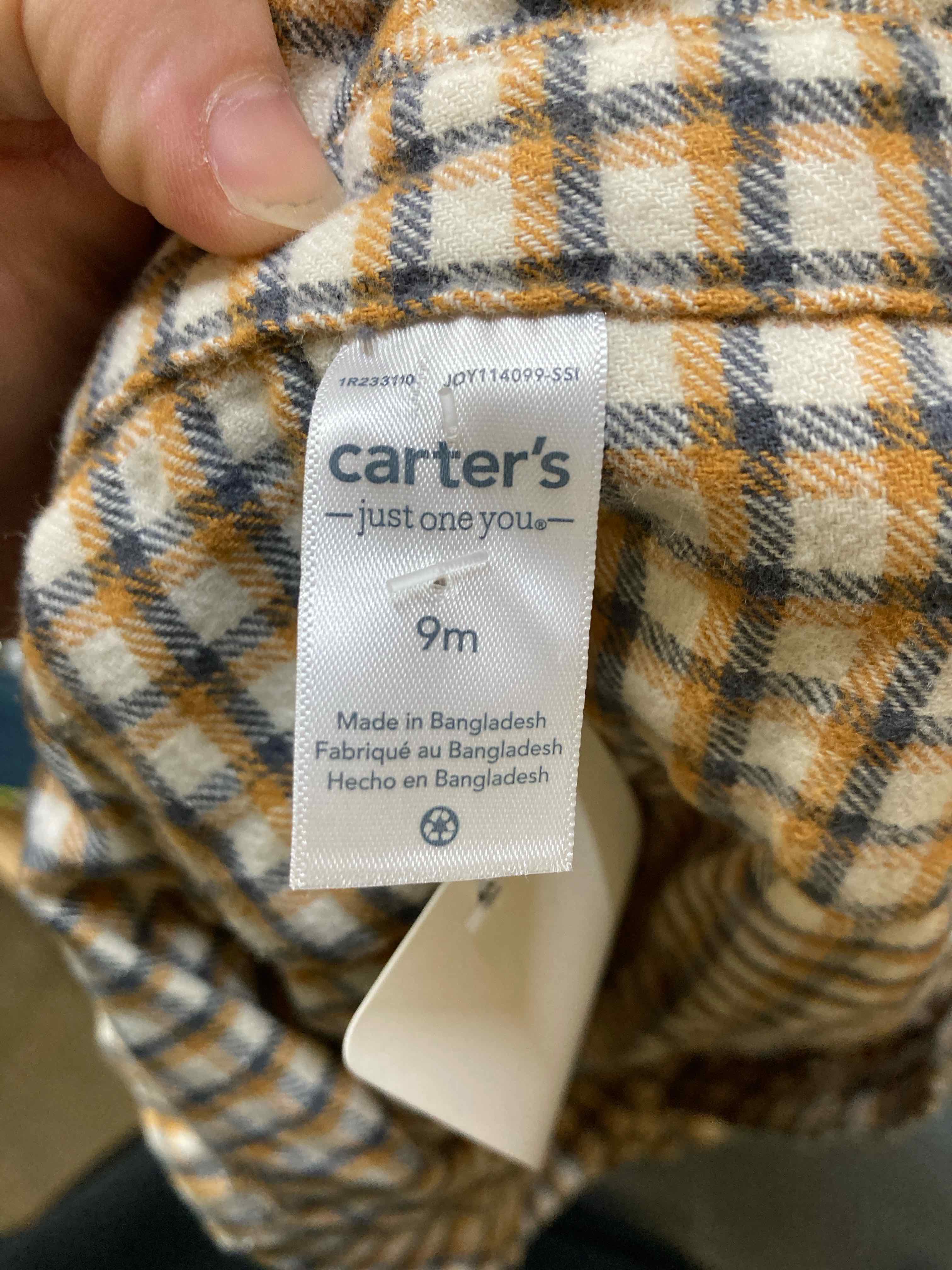Carters gray and yellow plaid button up onesie size 9M