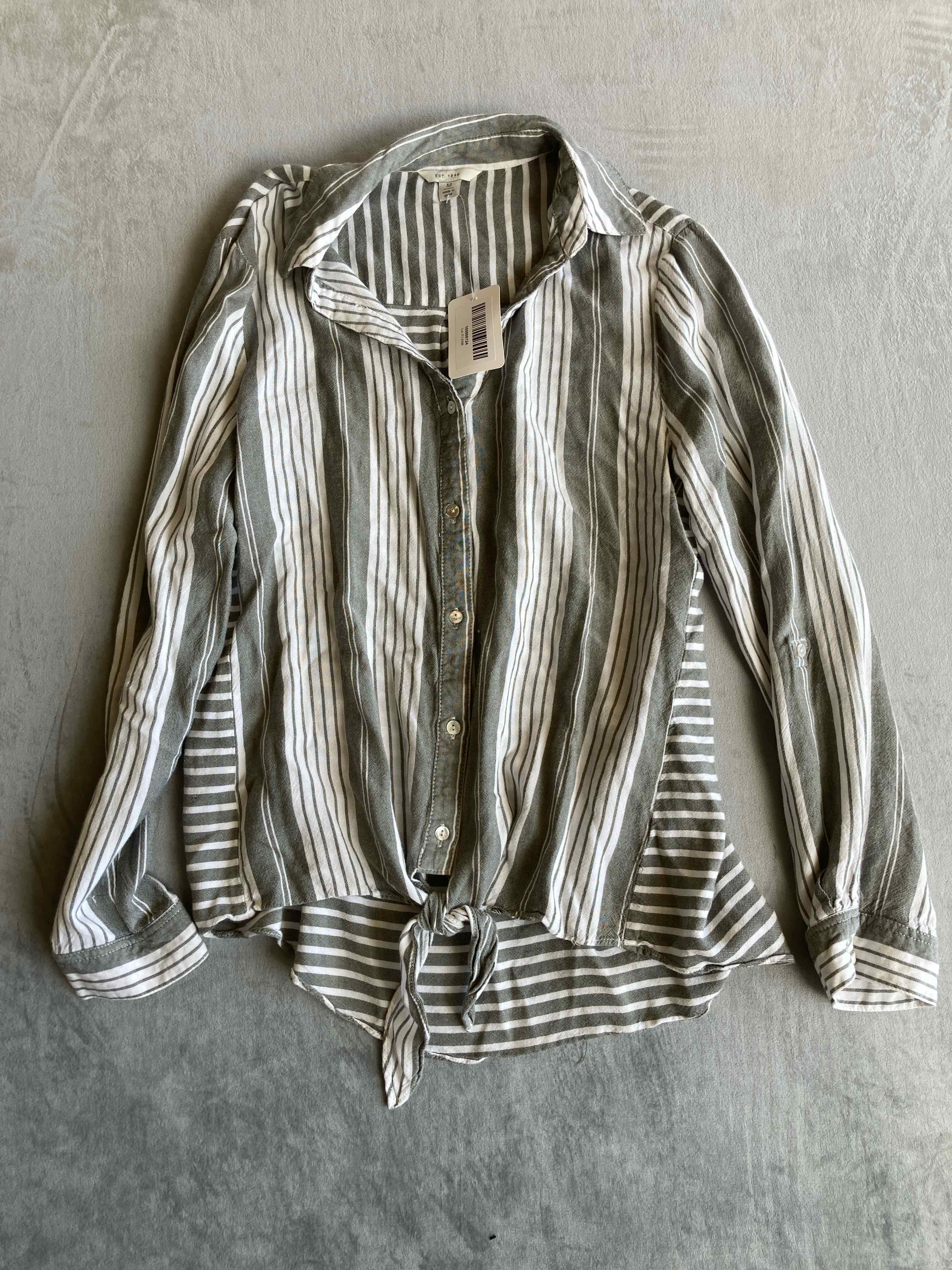 Green Striped Rayon Button-Up Shirt Medium