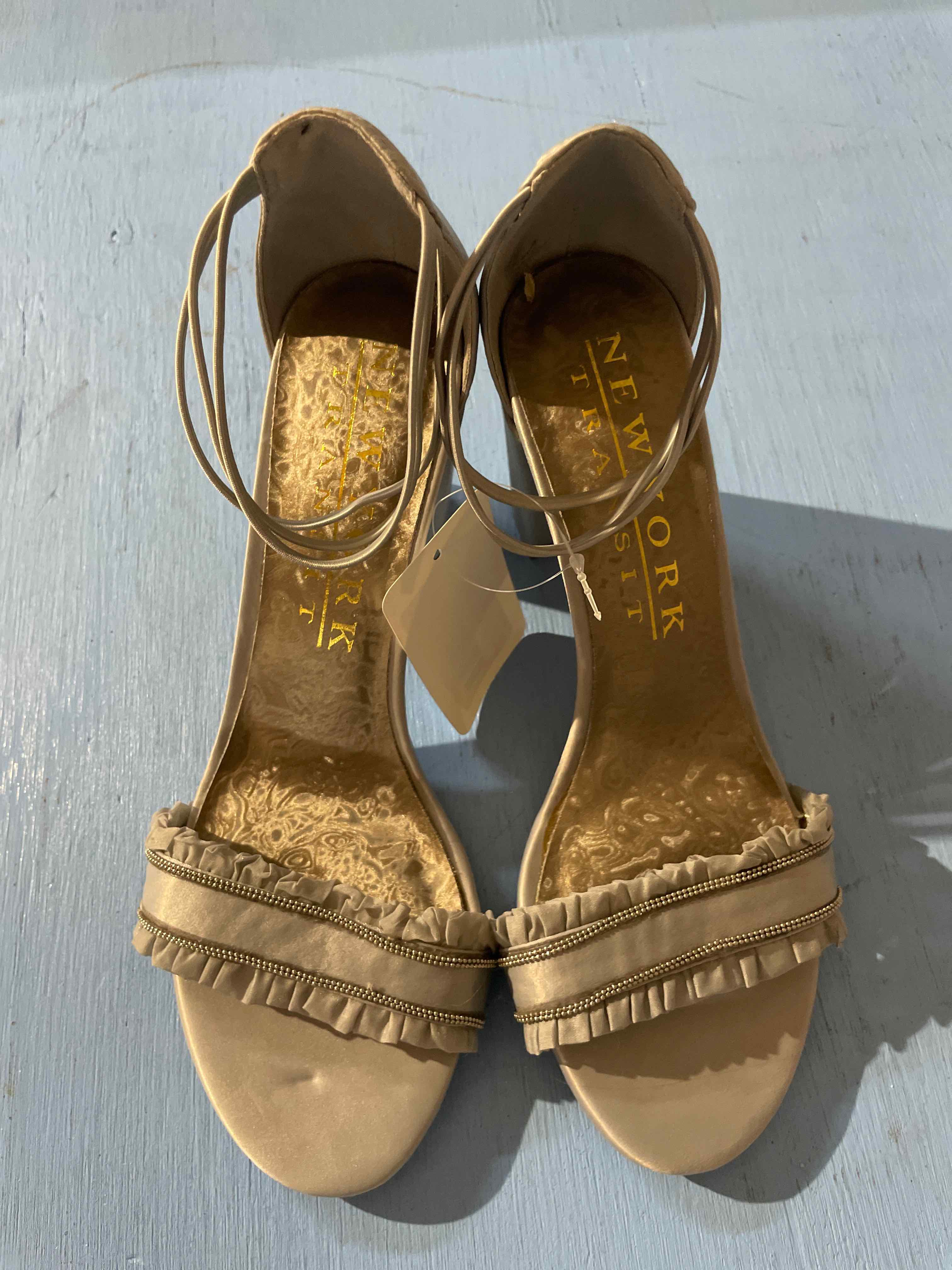 New York Beige Fabric Strappy Heels