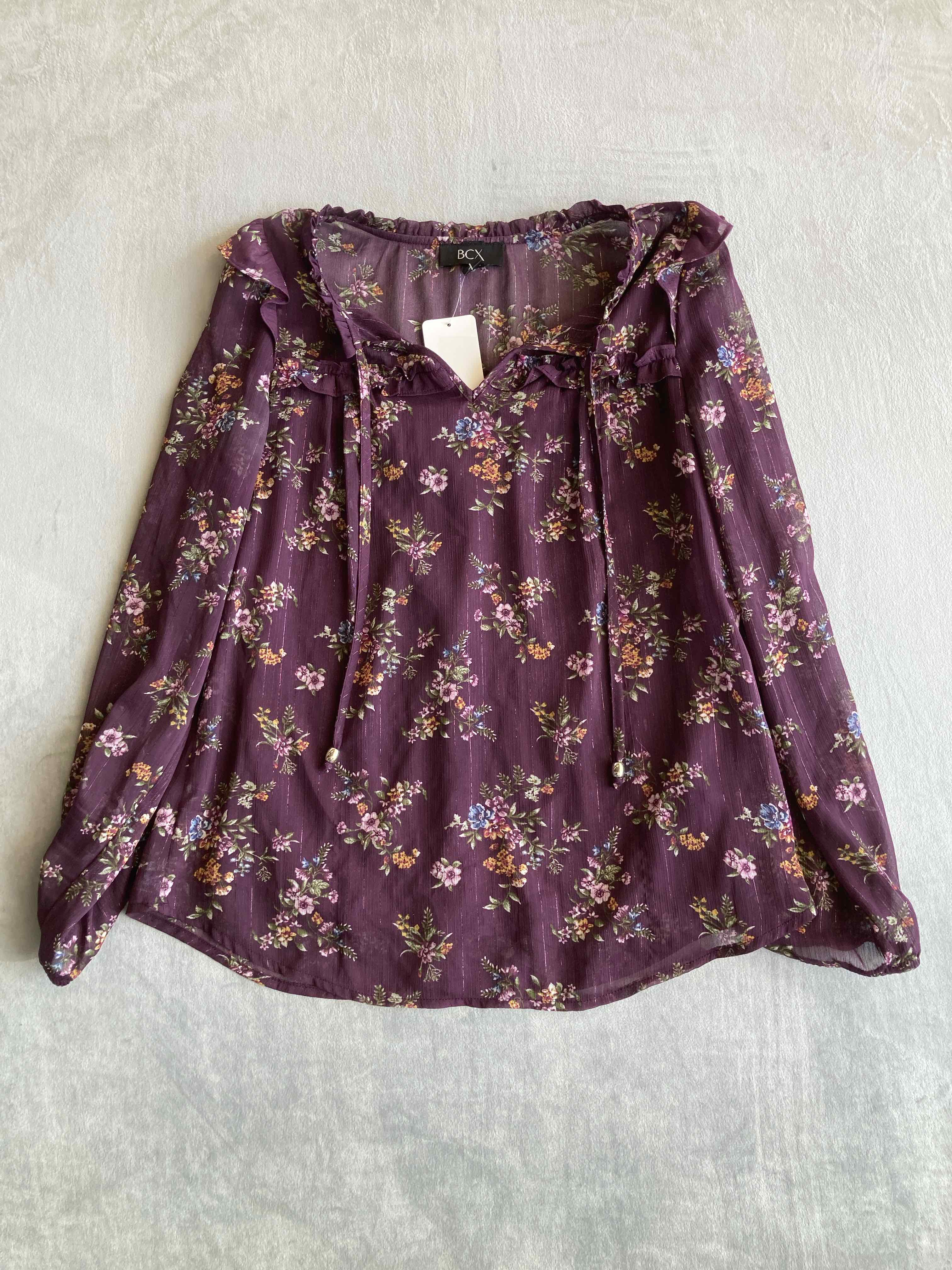 BCX Purple Floral 100% Polyester Blouse Medium