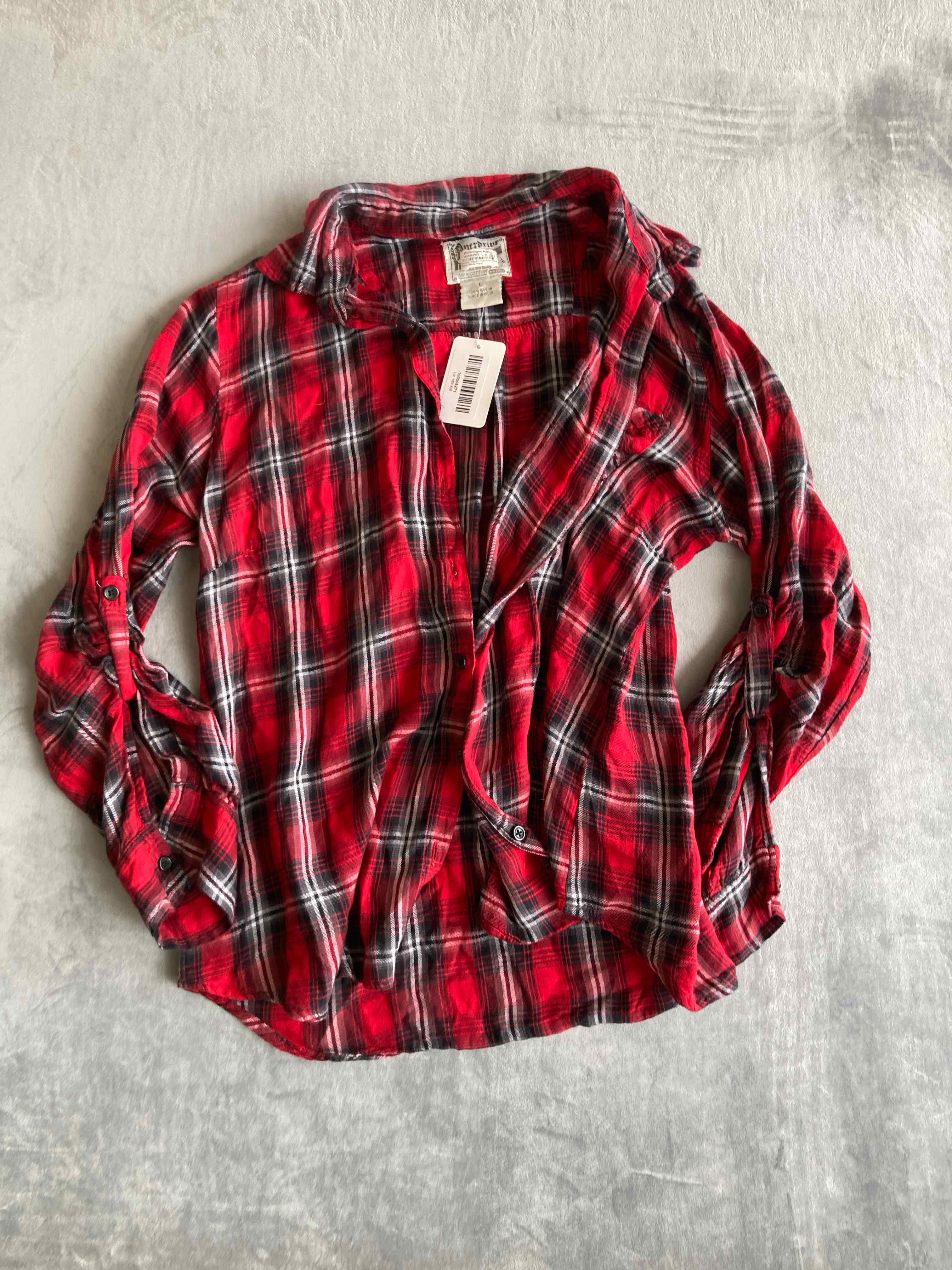 Overdrive Red Black White Plaid Rayon Blouse Large