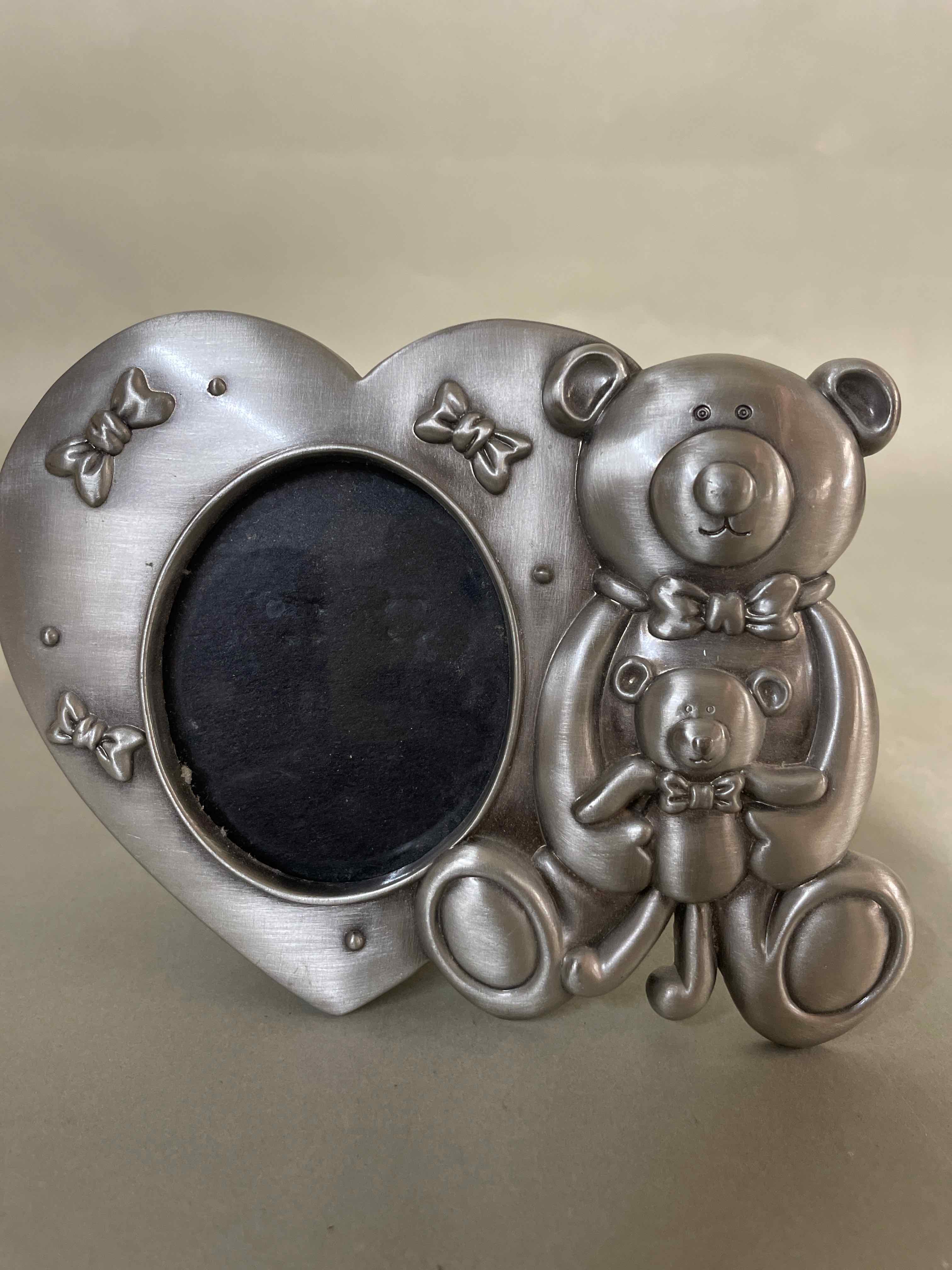 Silver Picture Frame with Bear and Heart Design