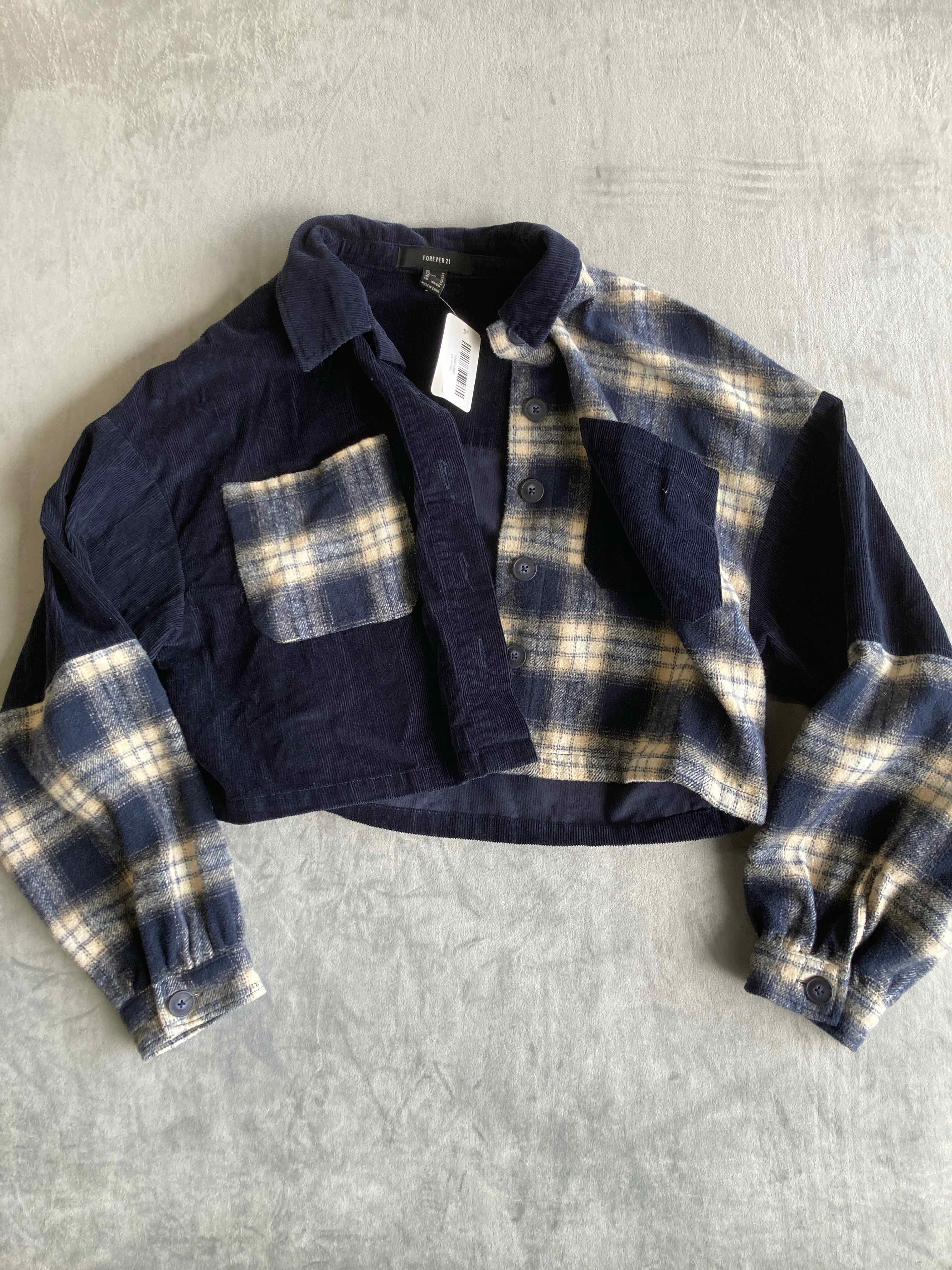 Forever 21 Navy Plaid Cotton Blend Cropped Jacket Medium