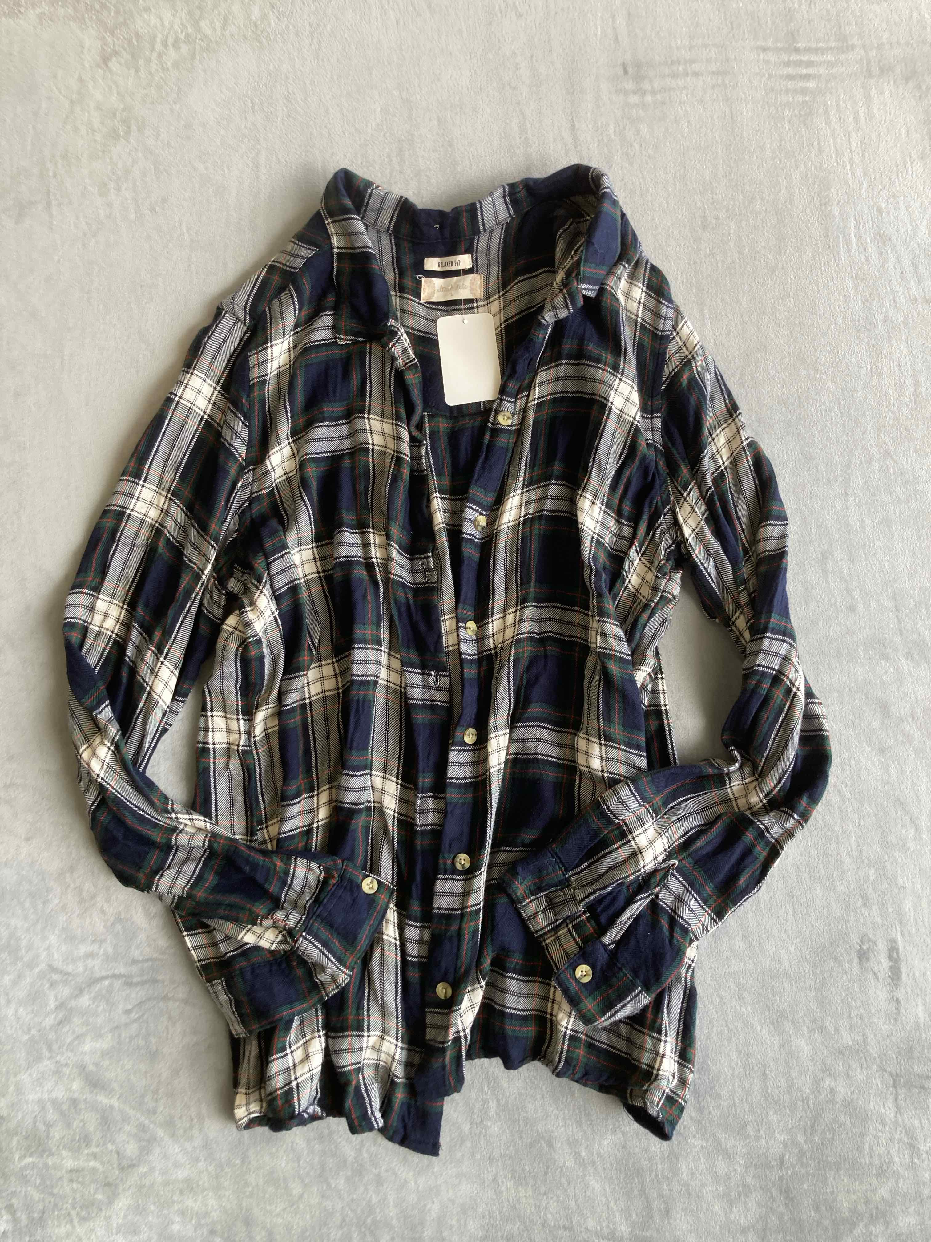 Altard State Navy Plaid Viscose Button Up Shirt Large