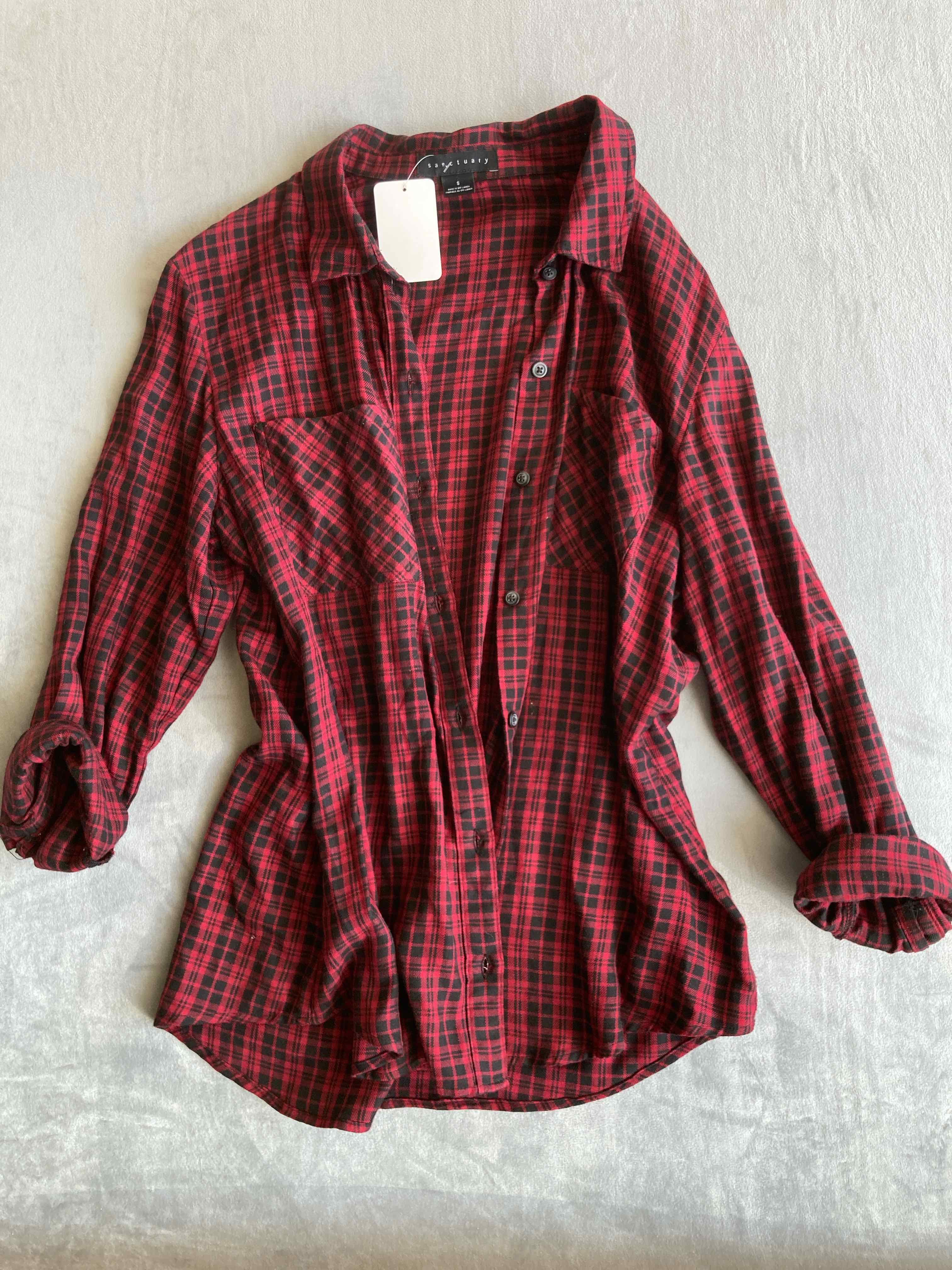 Sanctuary Red Plaid Rayon Button-Up Shirt Small