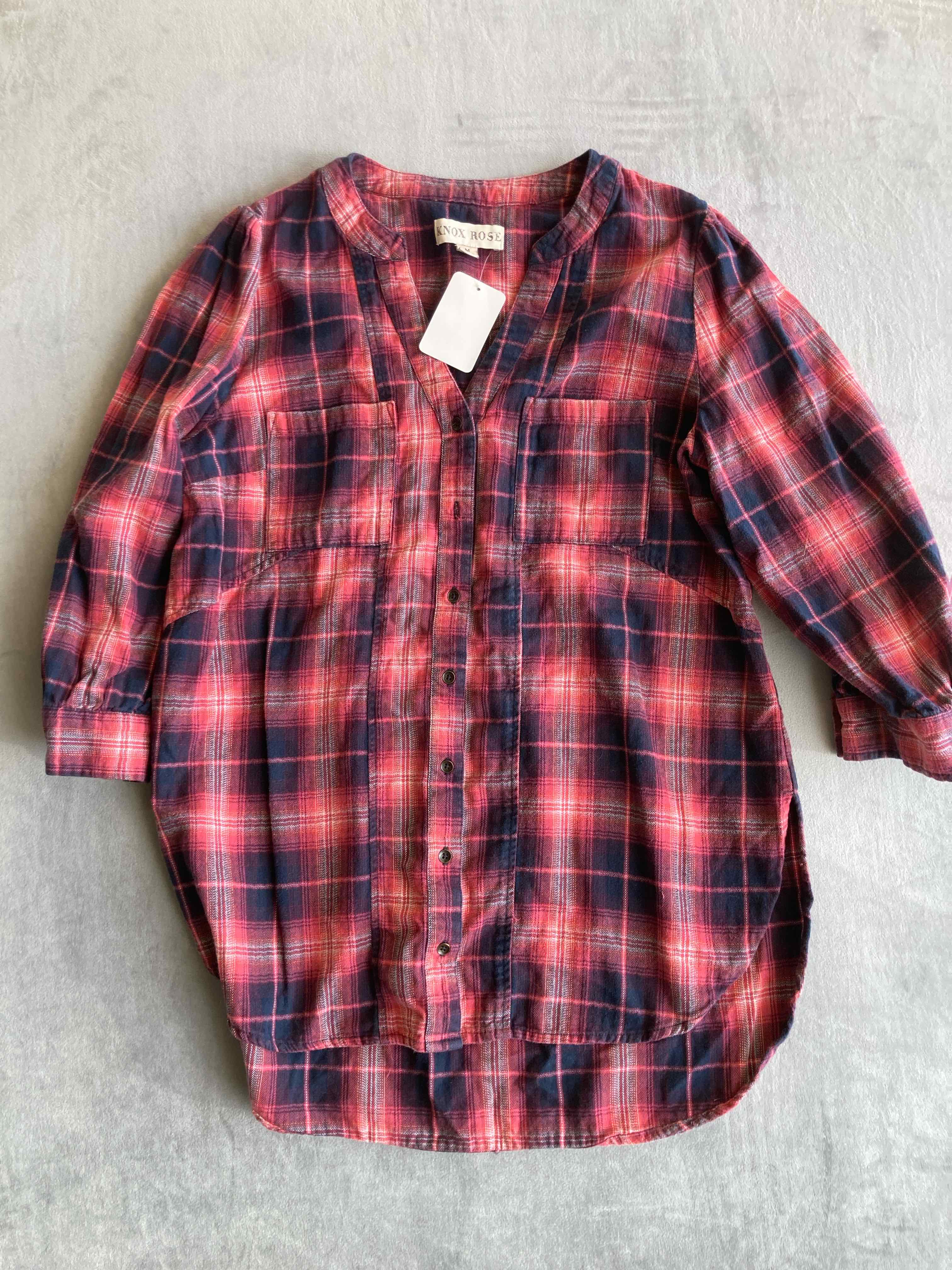 Knox Rose Red and Navy Plaid Cotton Top Medium