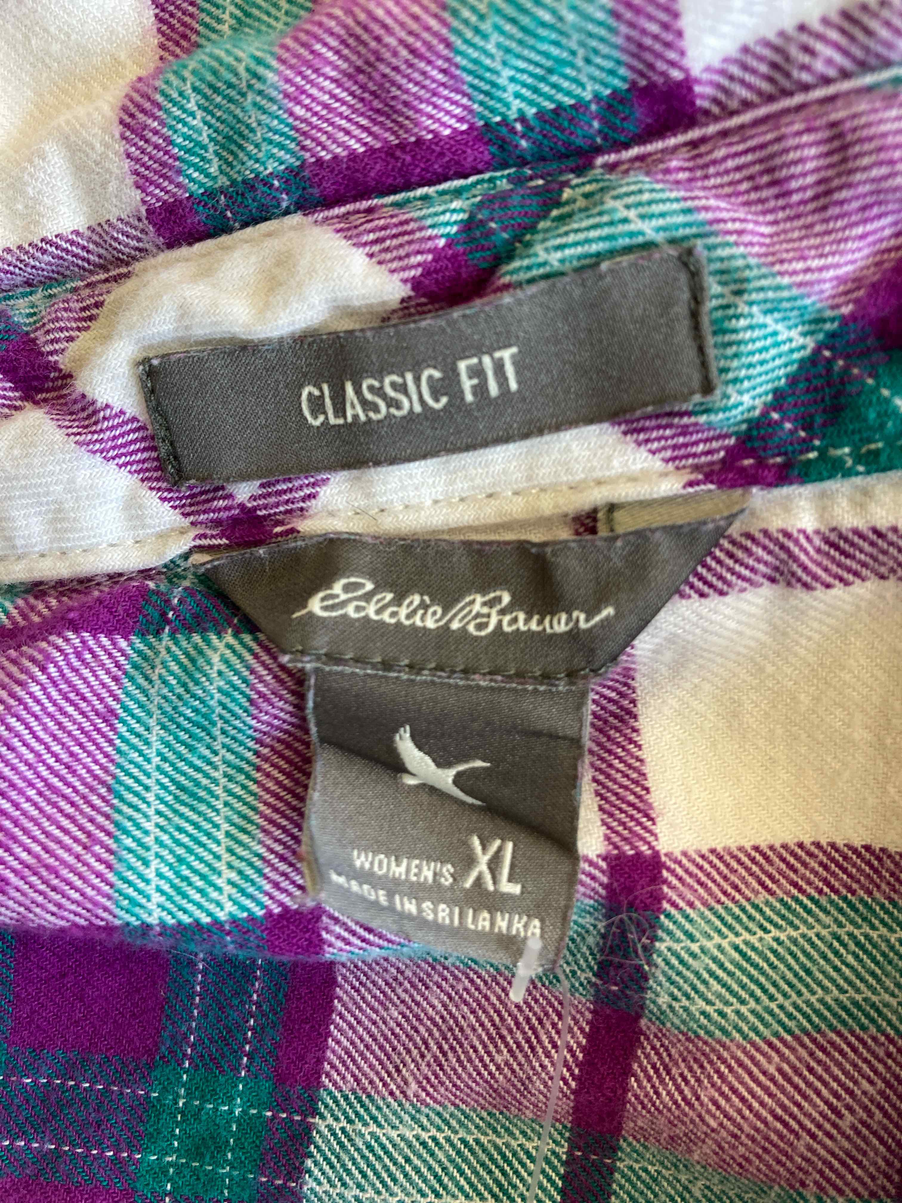 Eddie Bauer Purple White Green Plaid Cotton Shirt XL