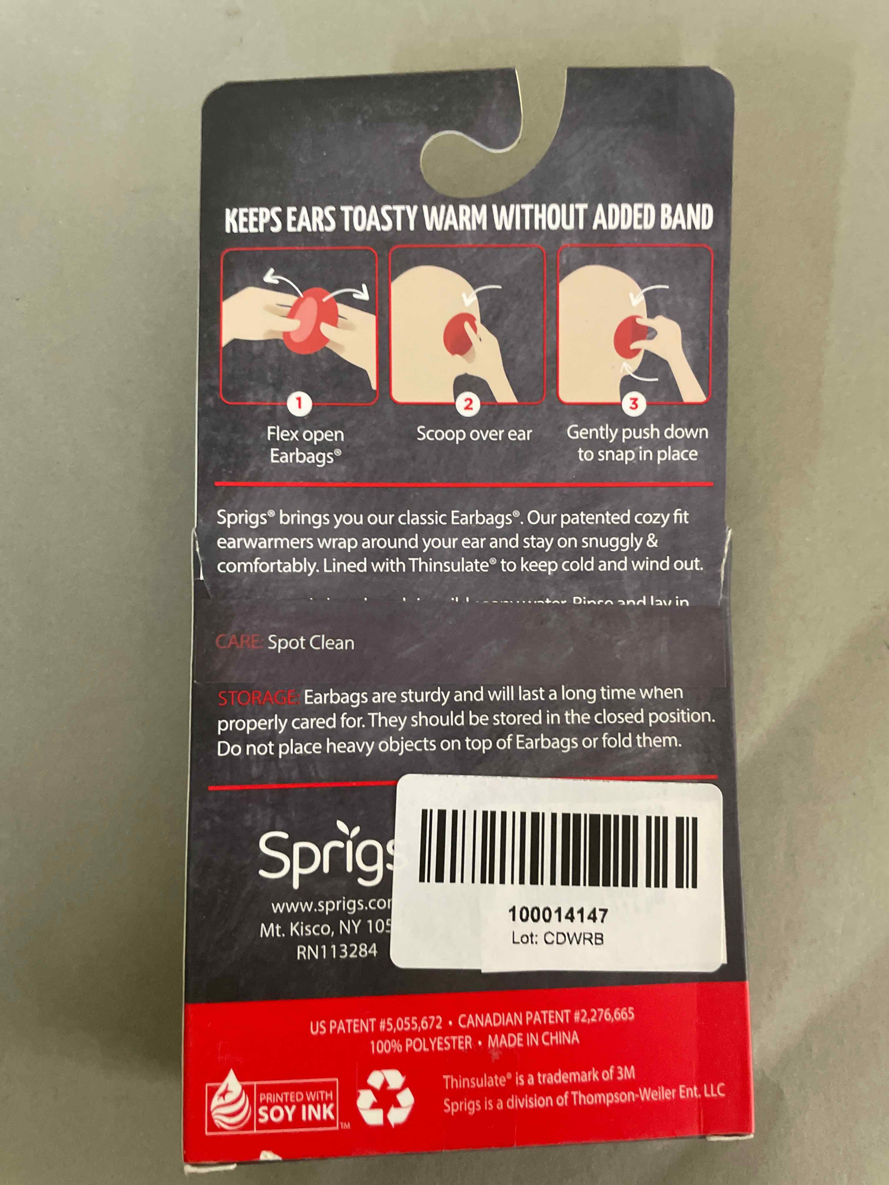 Sprigs Black Thinsulate Earbags Ear Warmers Large