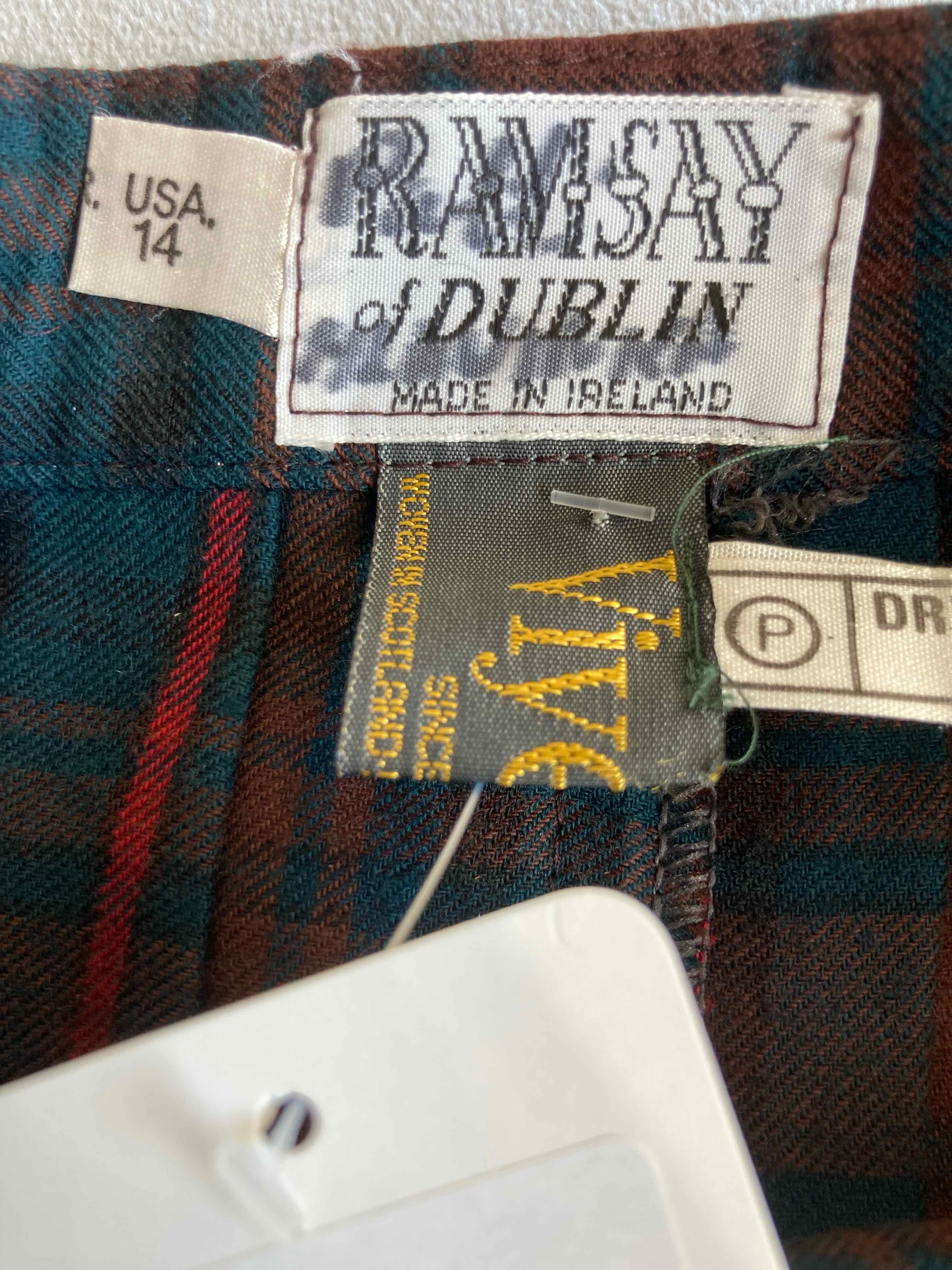 Vintage Ramsay of Dublin Brown Blue Plaid Skirt Size 14