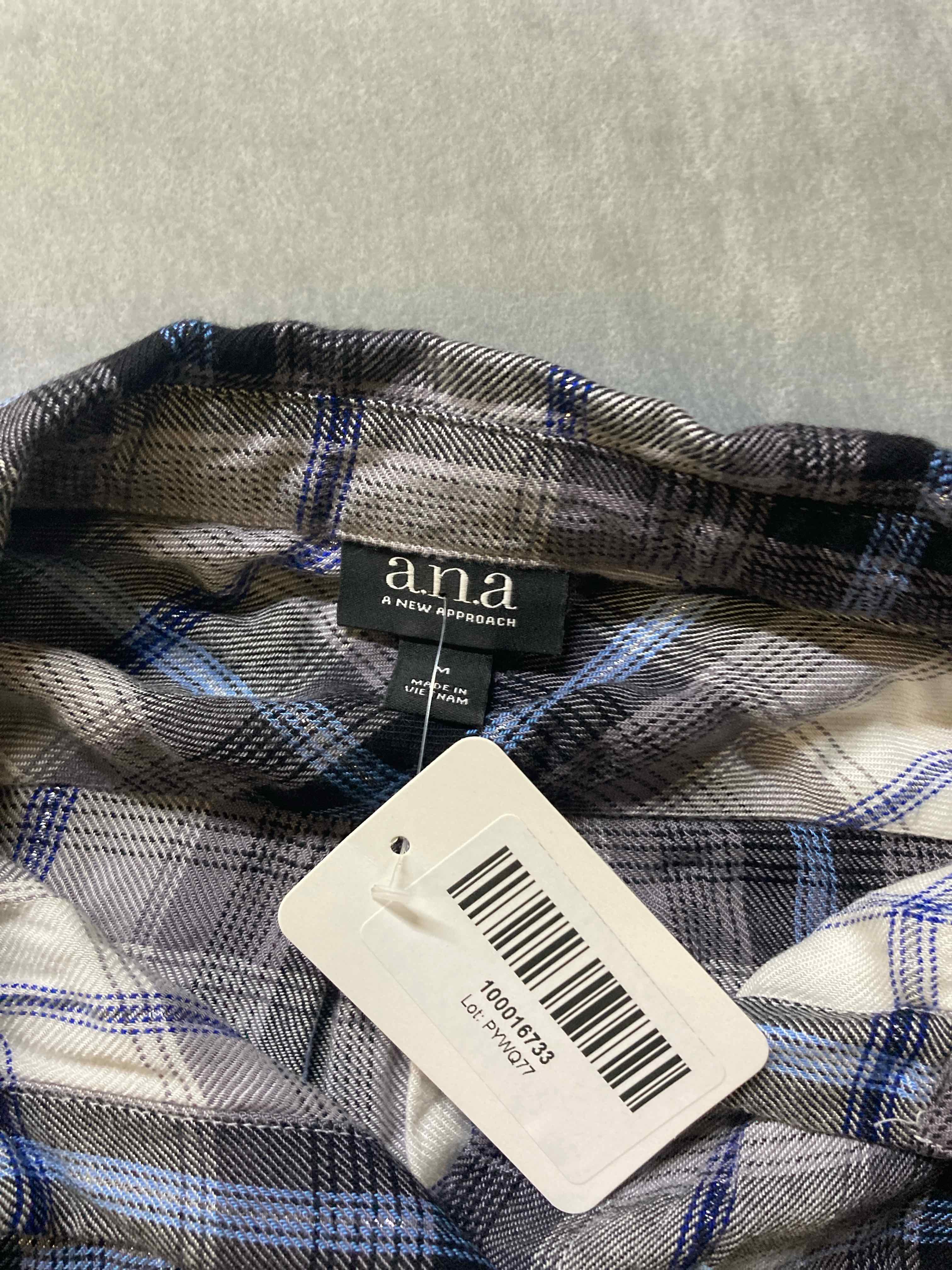 Ana Black White Blue Plaid Button Up Shirt Medium