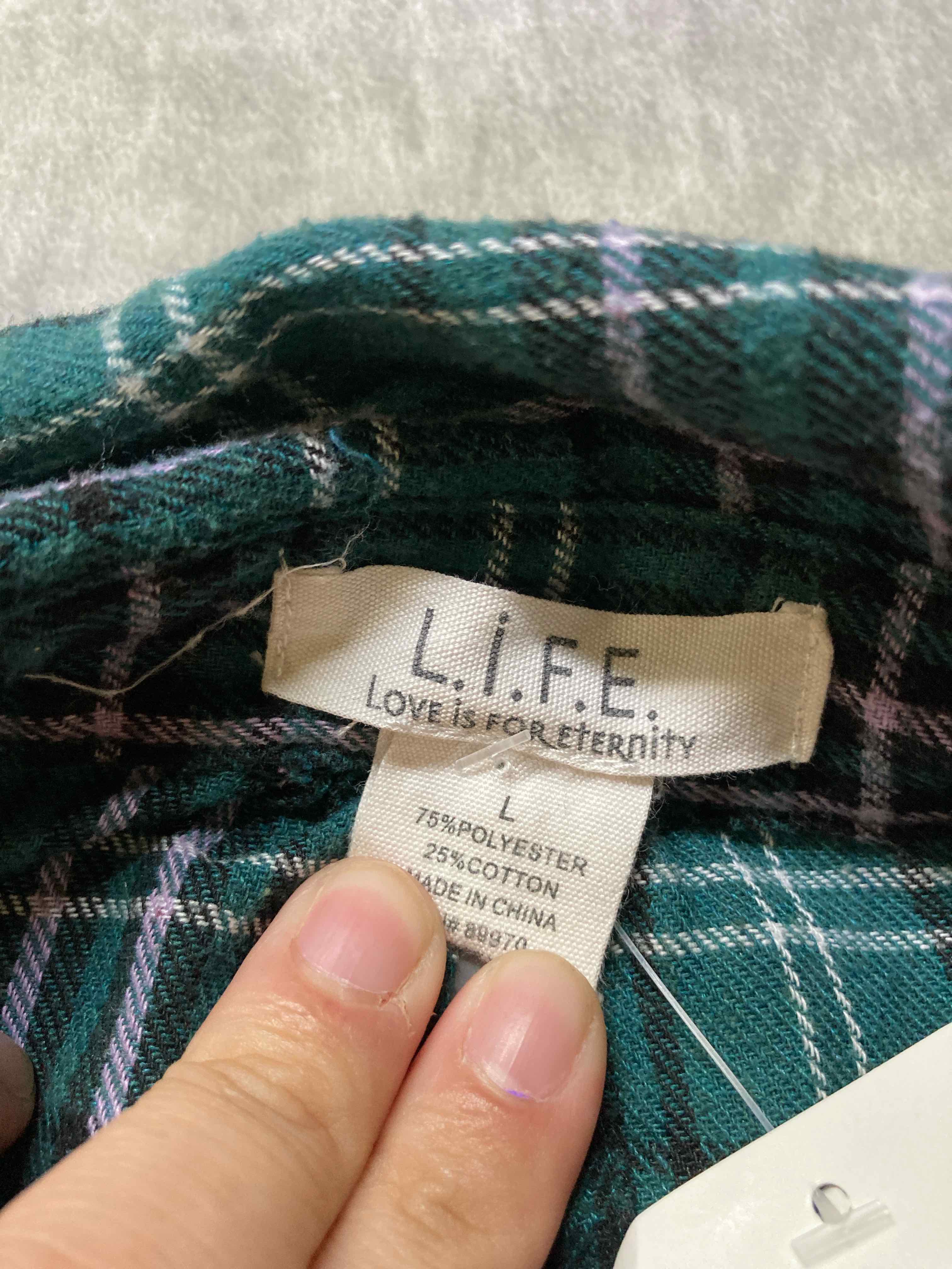 LIFE Green Plaid Polyester Cotton Button-Up Shirt Large