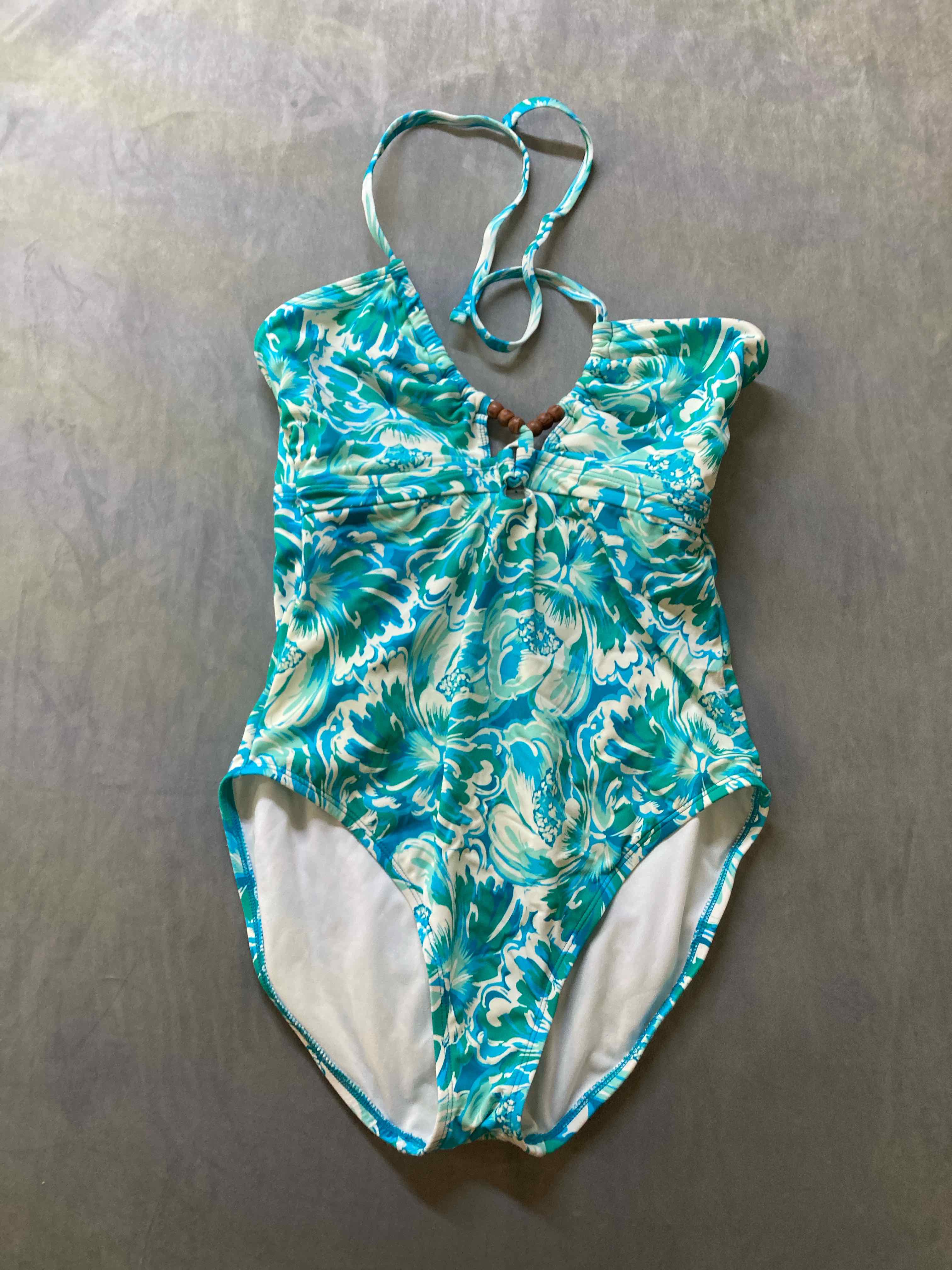 Time and Tru Blue Floral Polyester Swimsuit Large