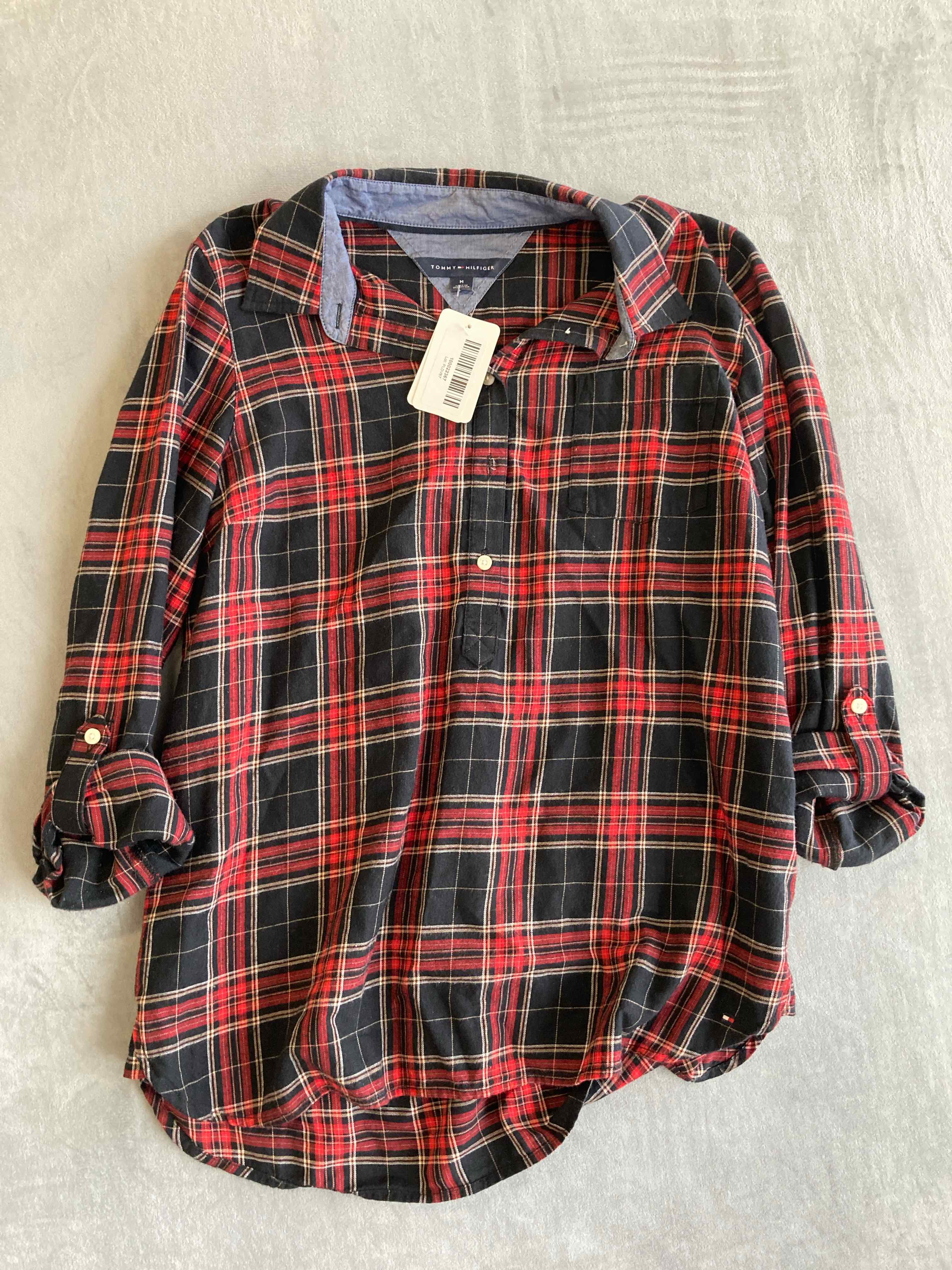 Tommy Hilfiger Red Black Plaid Cotton Button-Up Shirt Medium
