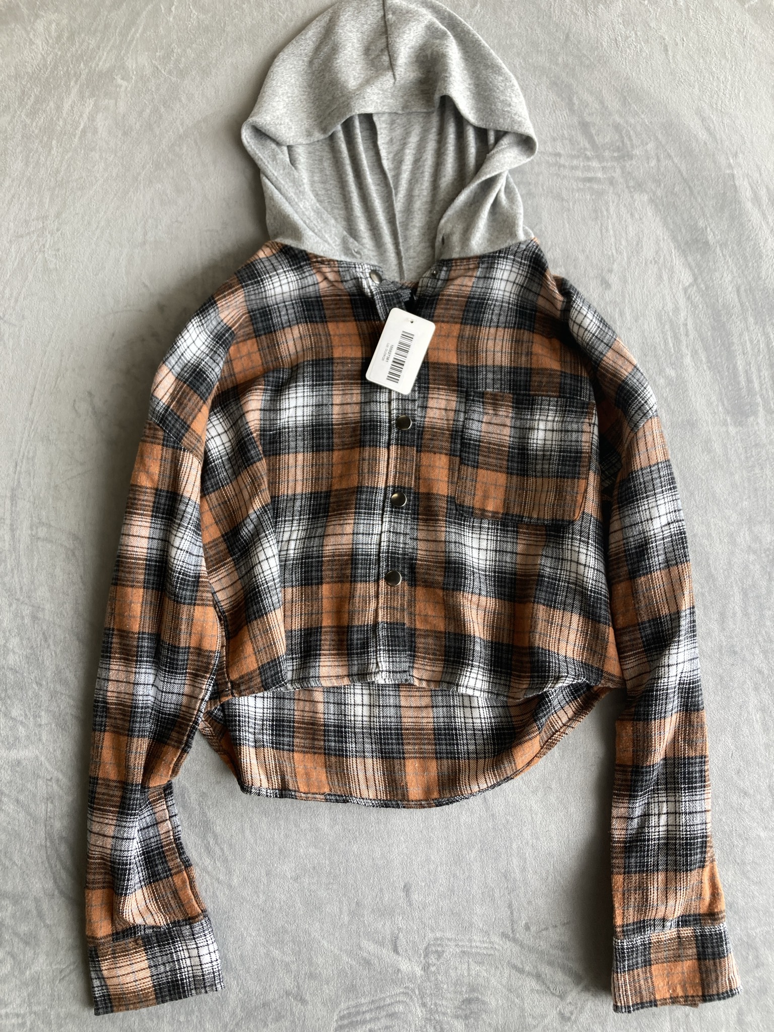 rue21 Orange Black White Plaid Cropped Hooded Flannel Shirt Size MEDIUM