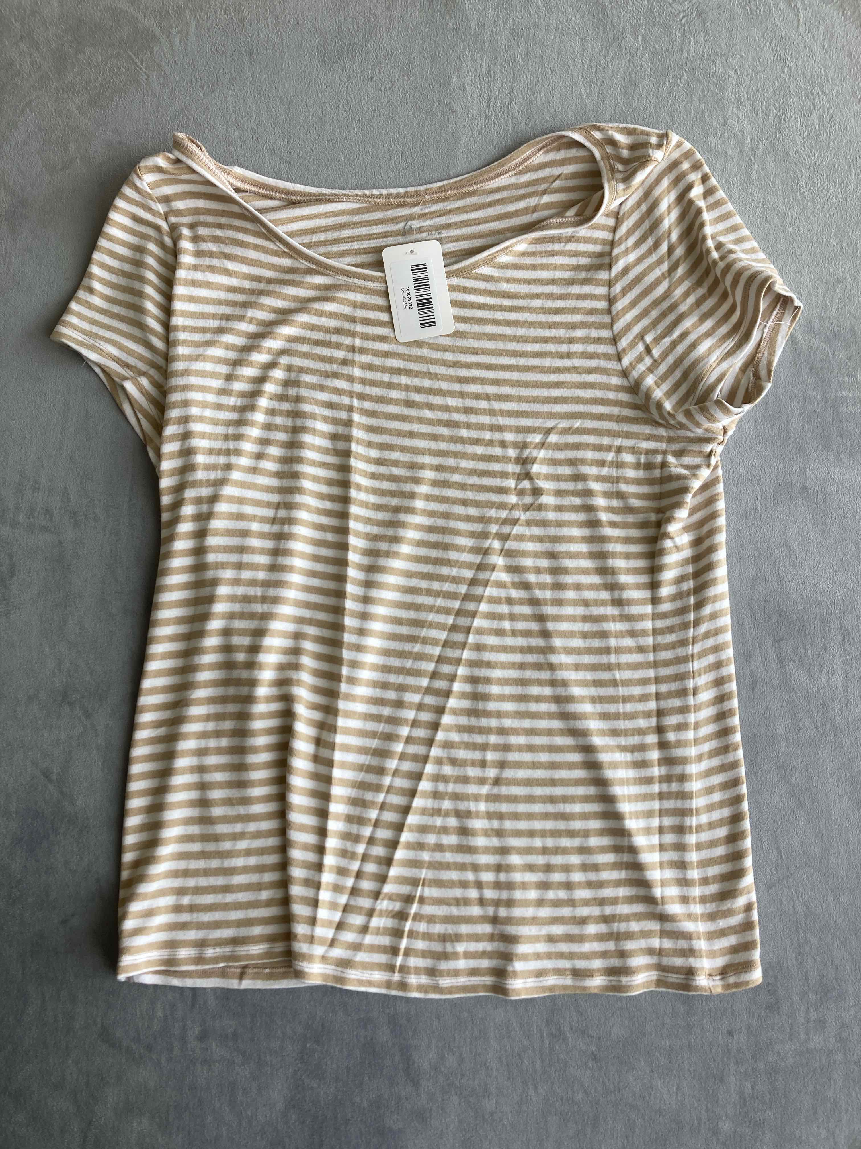Tan White Striped Rayon Blend T-Shirt Medium