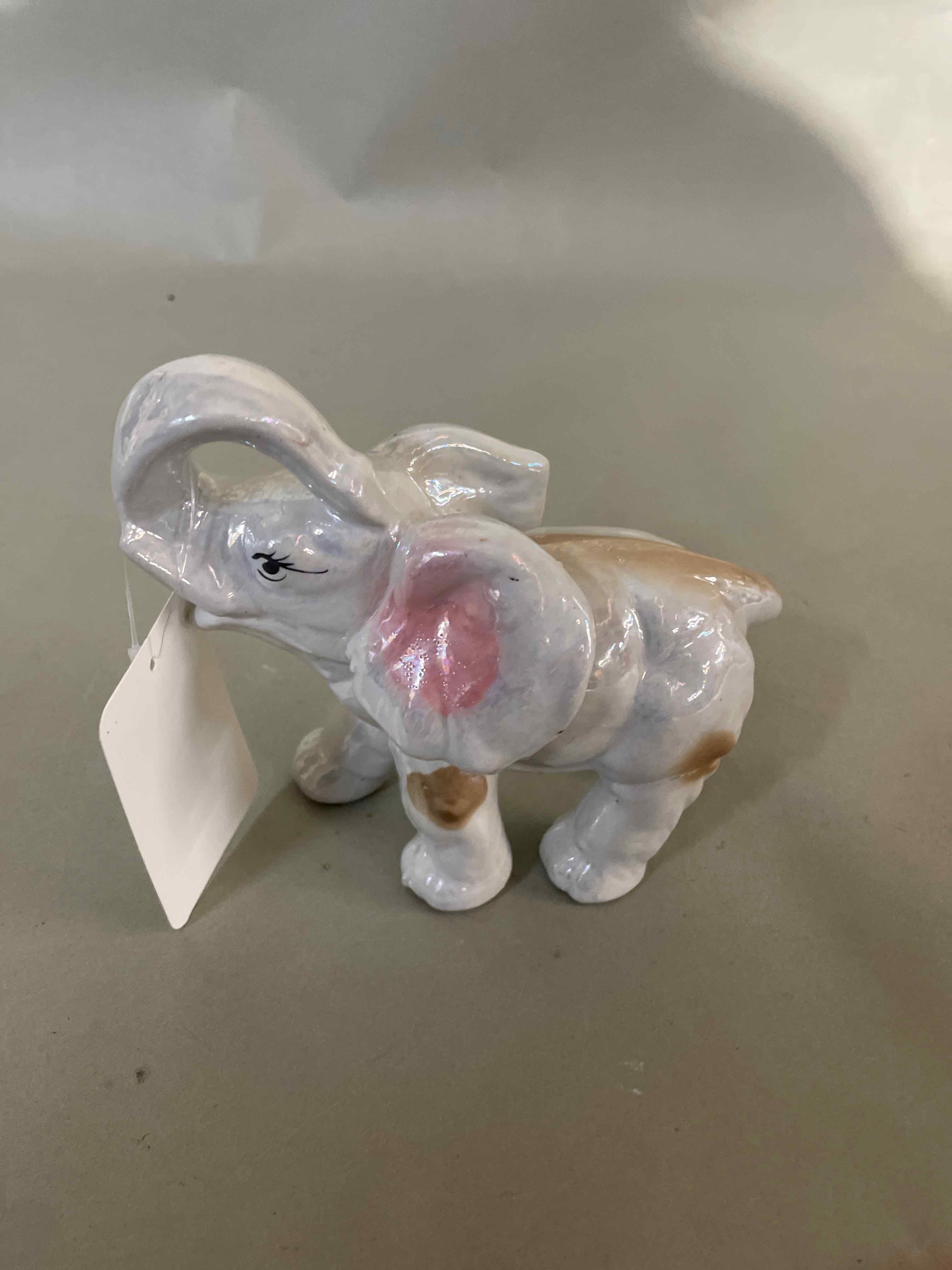 Ceramic Pink White Brown Elephant Figurine