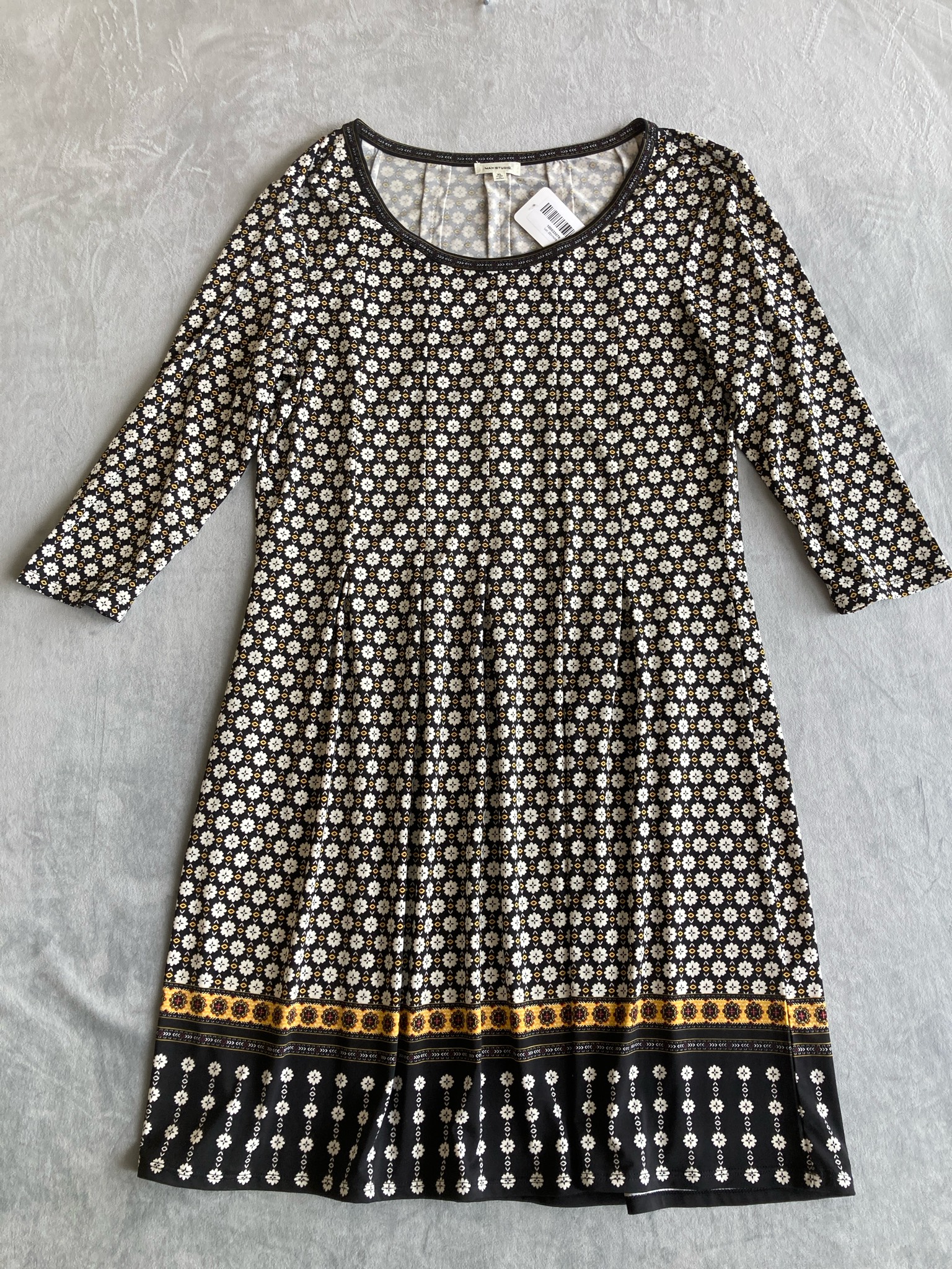 Max Studio Black Yellow White Floral A-line Dress Size XL