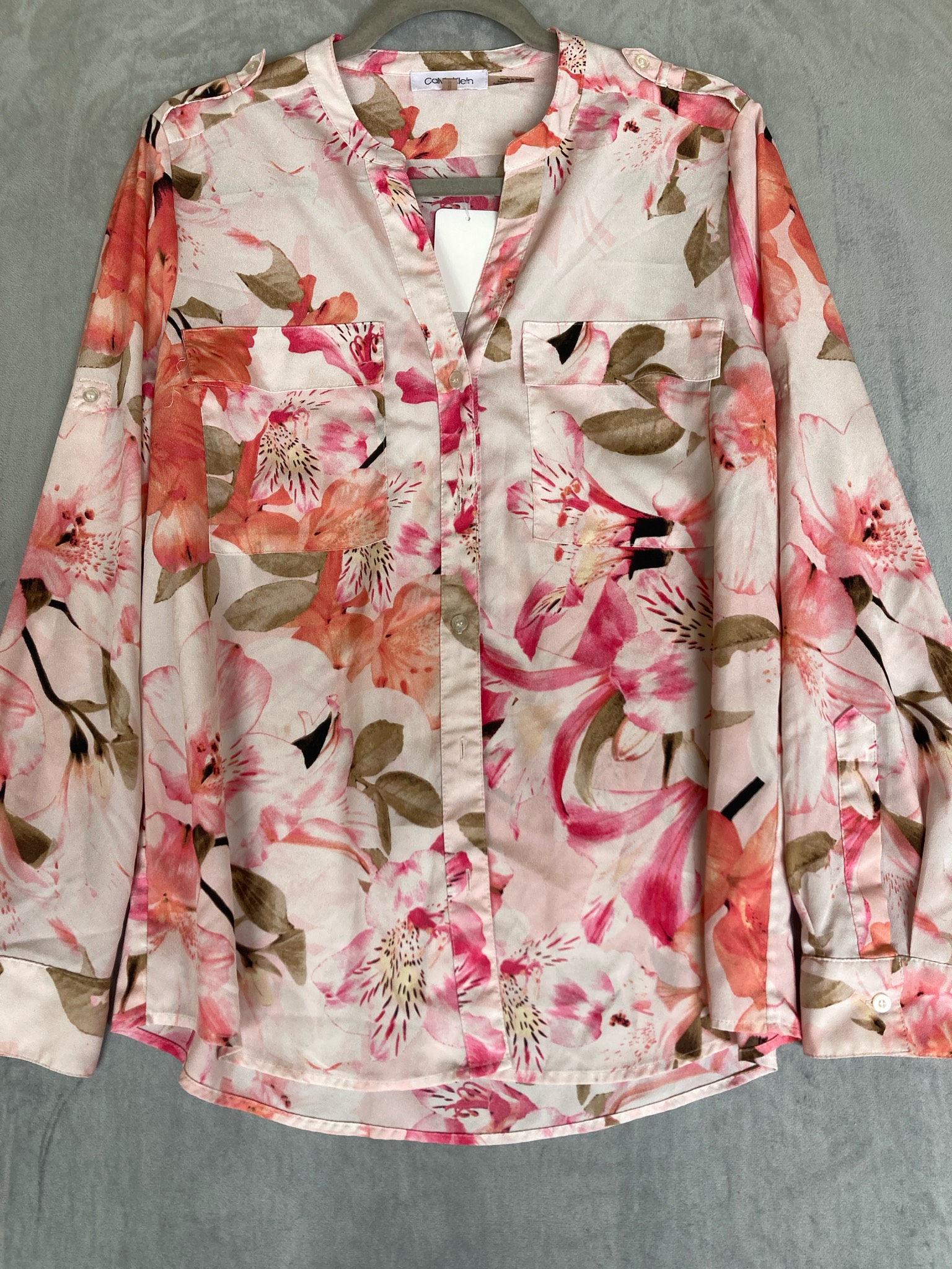 Calvin Klein Pink White Floral Polyester Blouse Size M