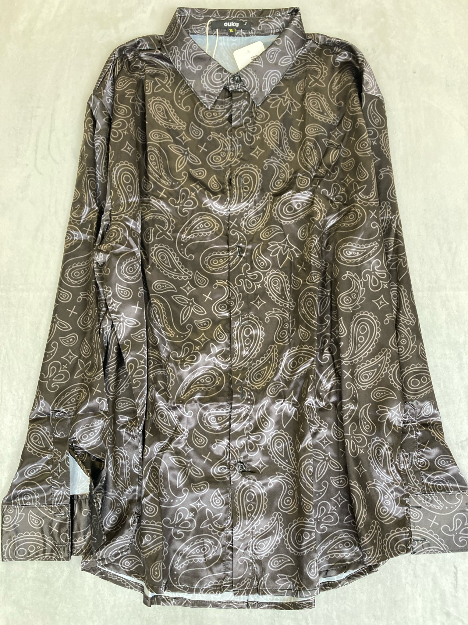 ouku black paisley print polyester button up shirt size XL NWT