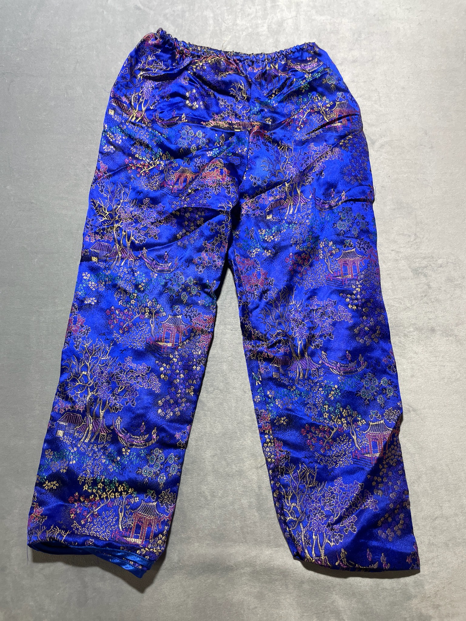 Blue traditional Chinese landscape satin pants size 12
