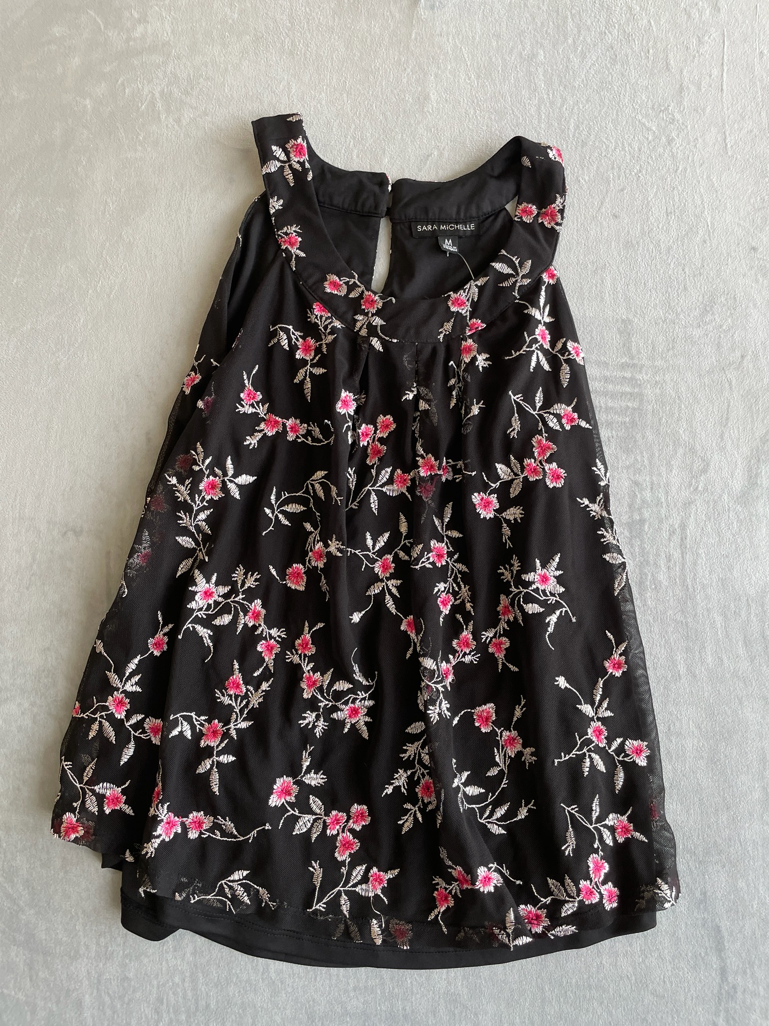 Sara Michelle Black Floral Embroidered Mesh Blouse Size M