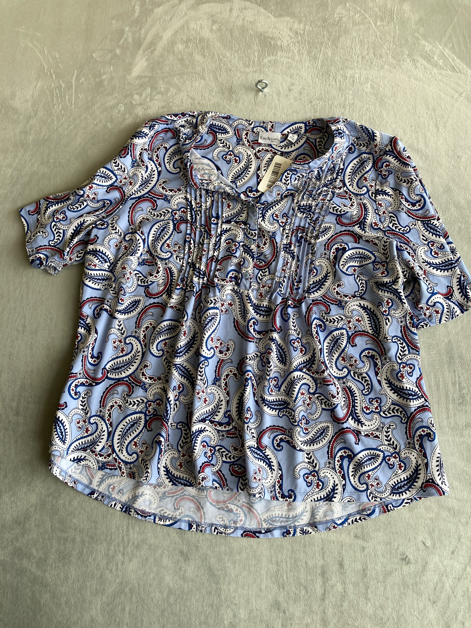 Kim Rogers Blue Red White Paisley Short Sleeve Blouse Size 2X