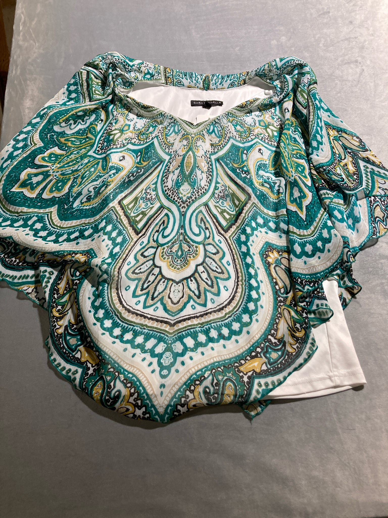 Sara Michelle Teal Paisley Chiffon Blouse Size PXL