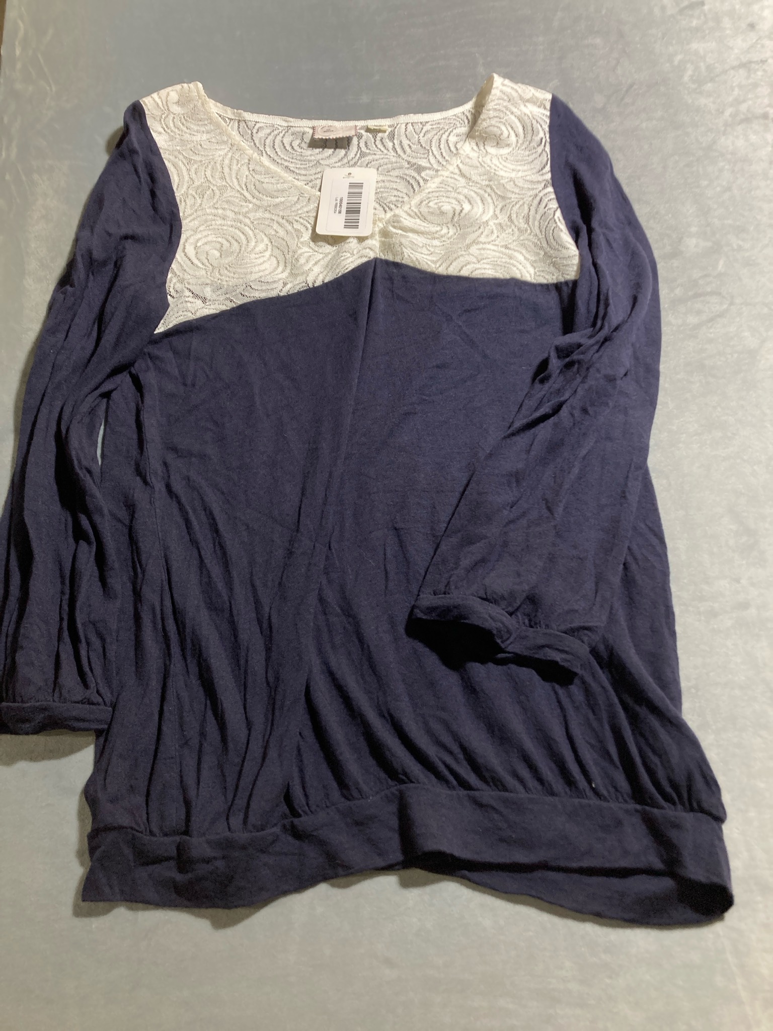 Navy Lace Yoke Knit Long Sleeve Top Size Medium