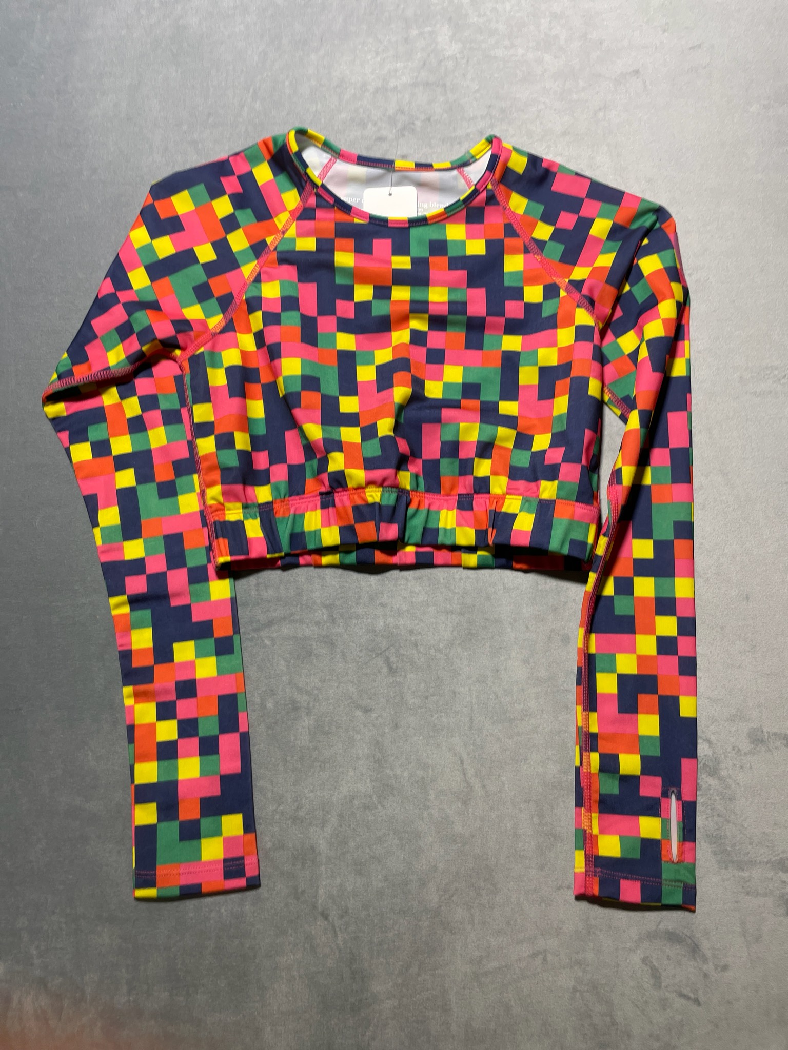 RunningSkirts Multicolor Pixel Print Polyester-Spandex Cropped Long-Sleeve Top