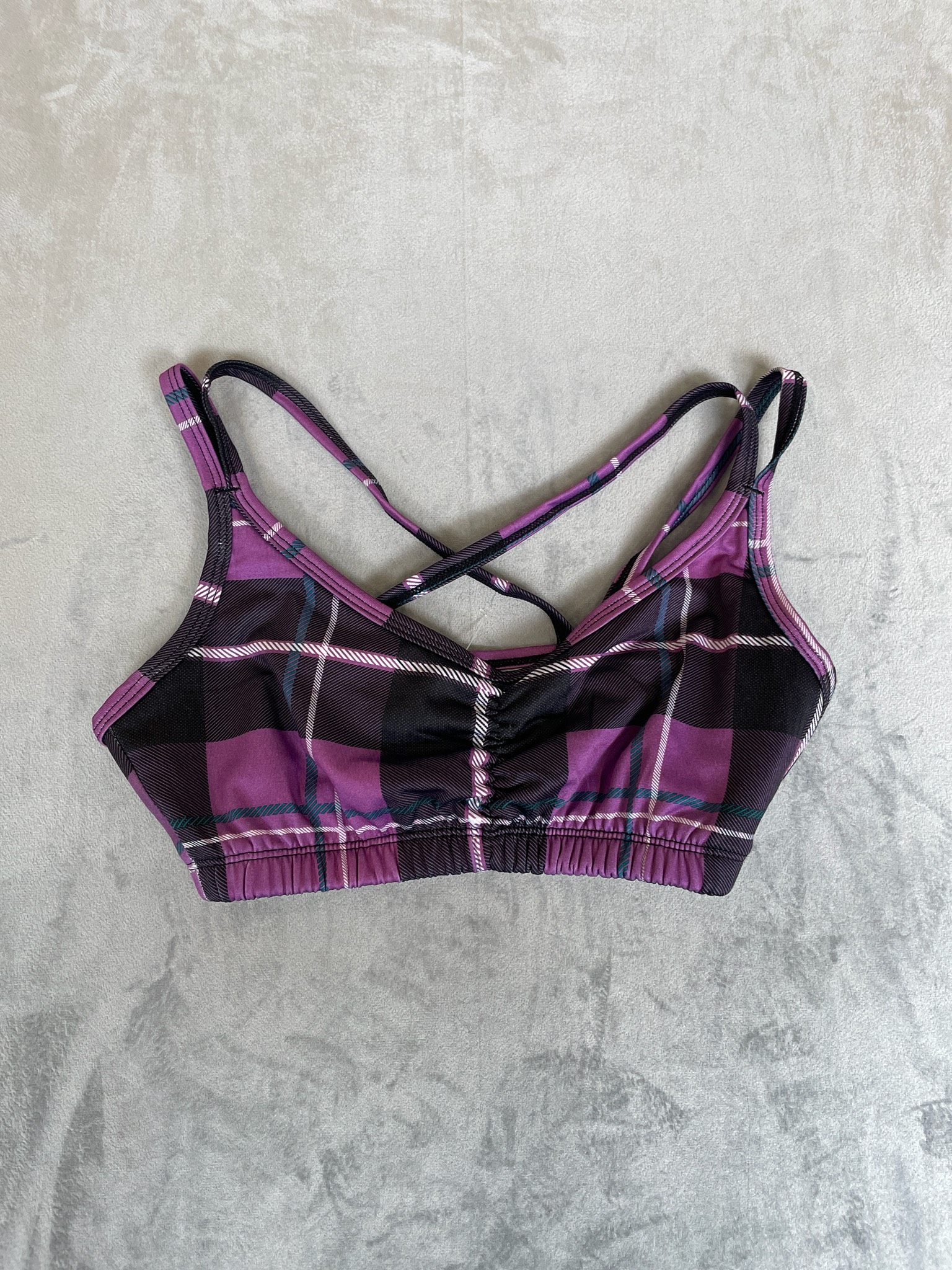 Purple Black Plaid Stretch Sports Bra