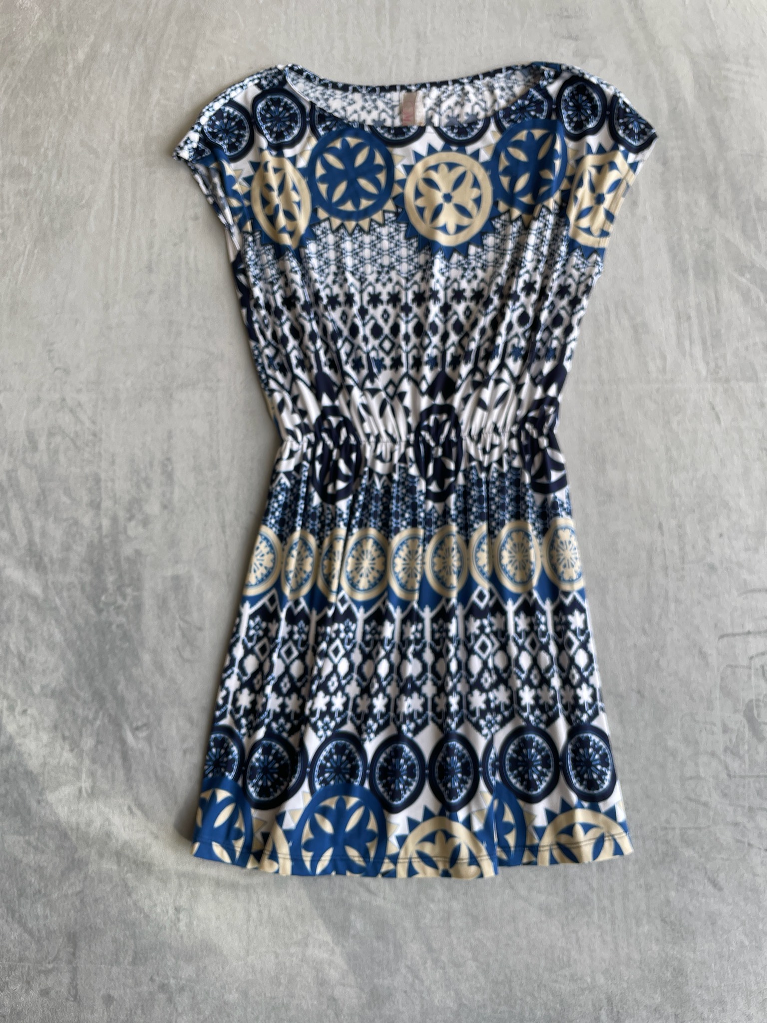 Navy Beige Medallion Jersey Dress