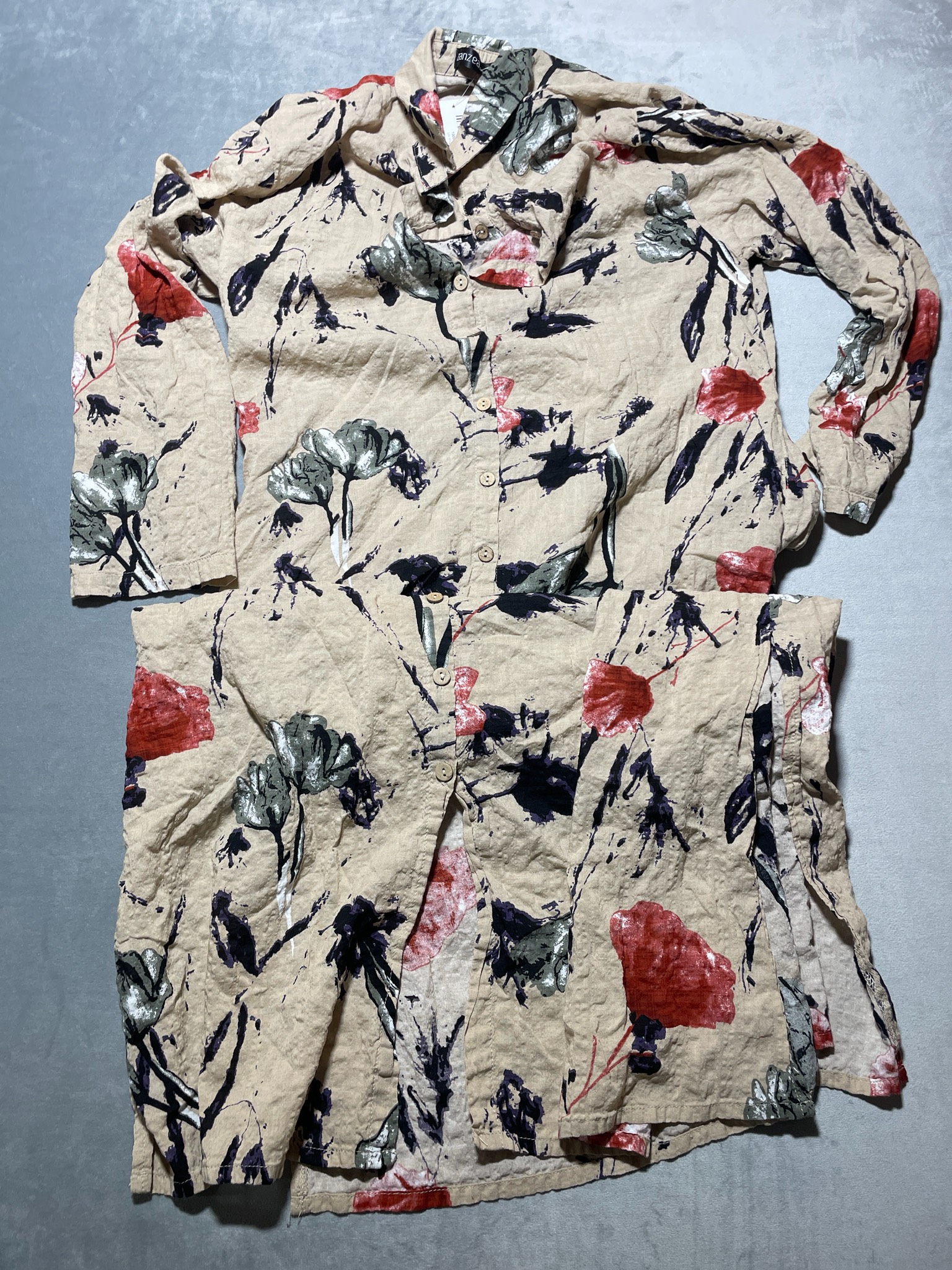 Zanzea Beige Floral Rayon-Cotton Longline Blouse Size L