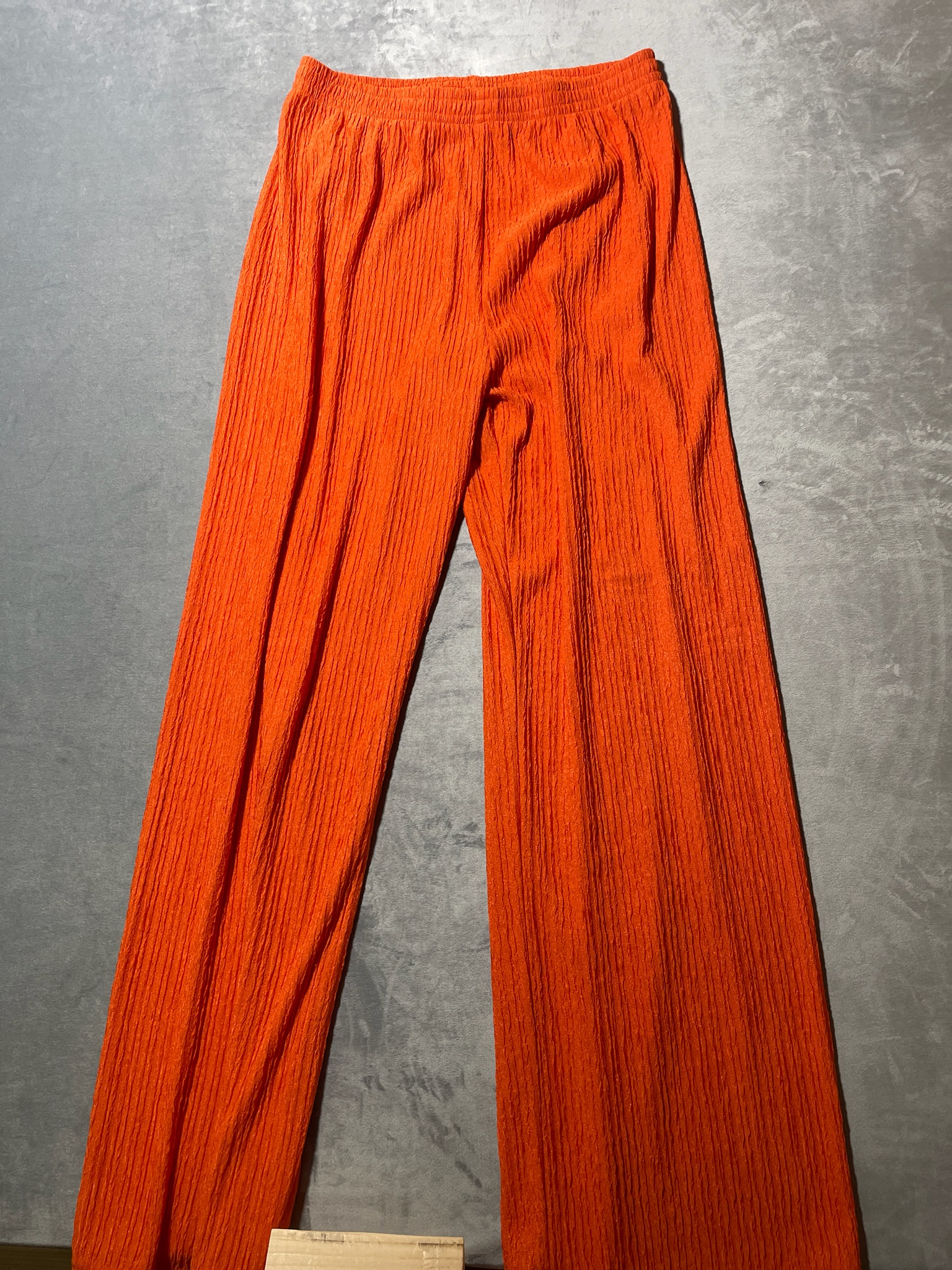 Bright Orange Crinkle Polyester Wide-Leg Pants Size L