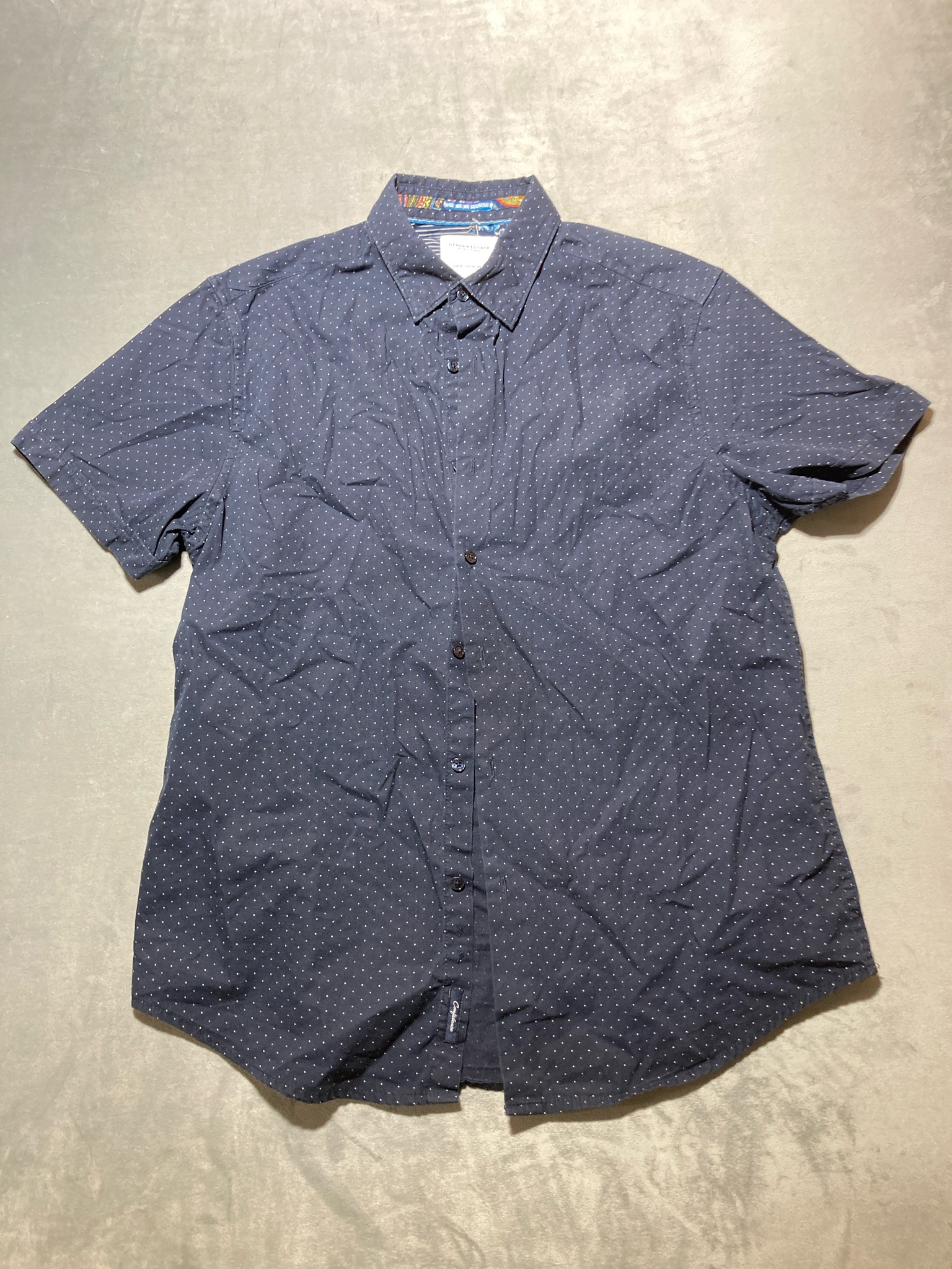 Denim & Flower Navy Micro Polka Dot Cotton Short Sleeve Button-Up Shirt Size M