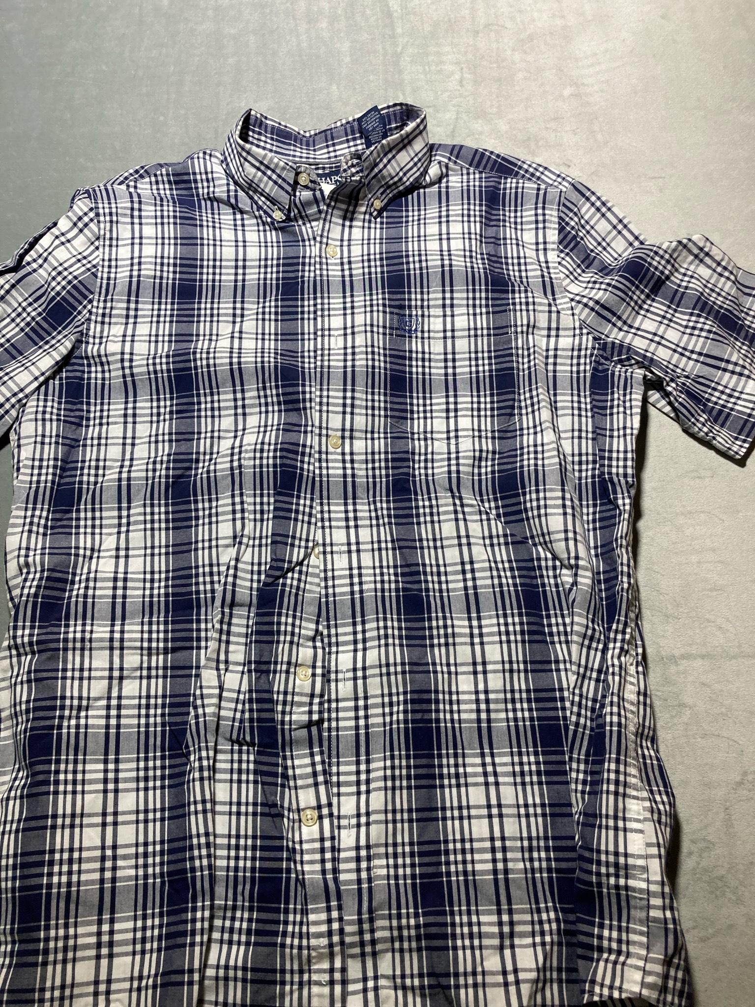 Chaps Navy and White Plaid cotton blend Short-Sleeve Button-Up Shirt Size LT/GL