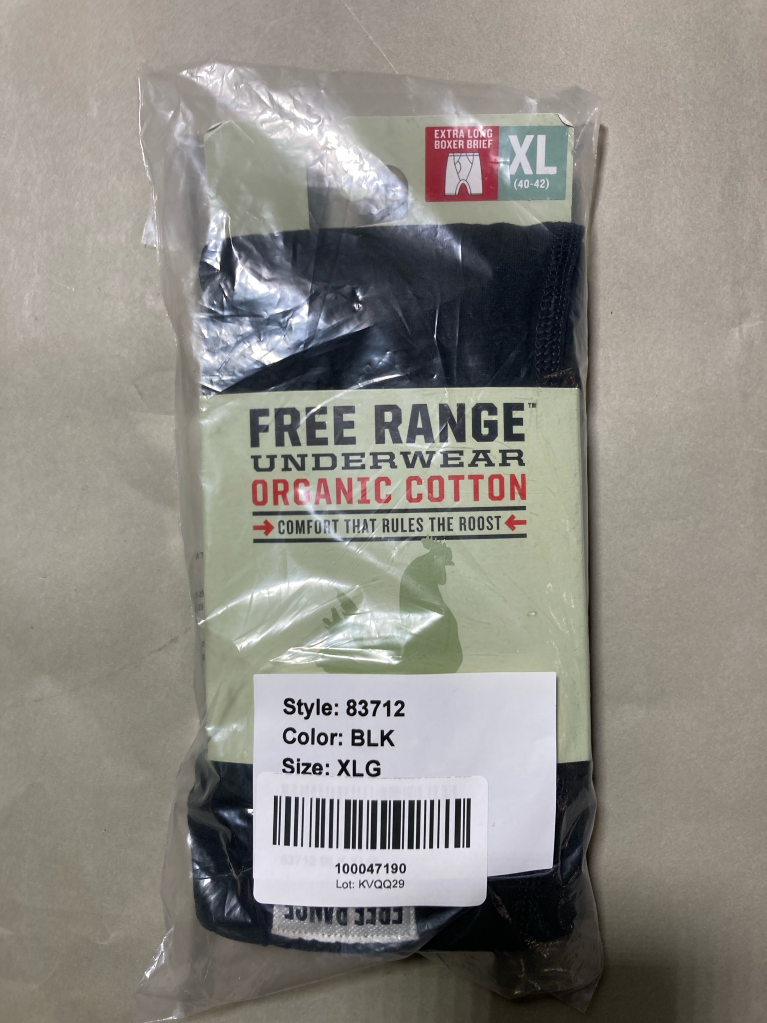 Free Range Black Organic Cotton Extra Long Boxer Brief Size XL (40-42)