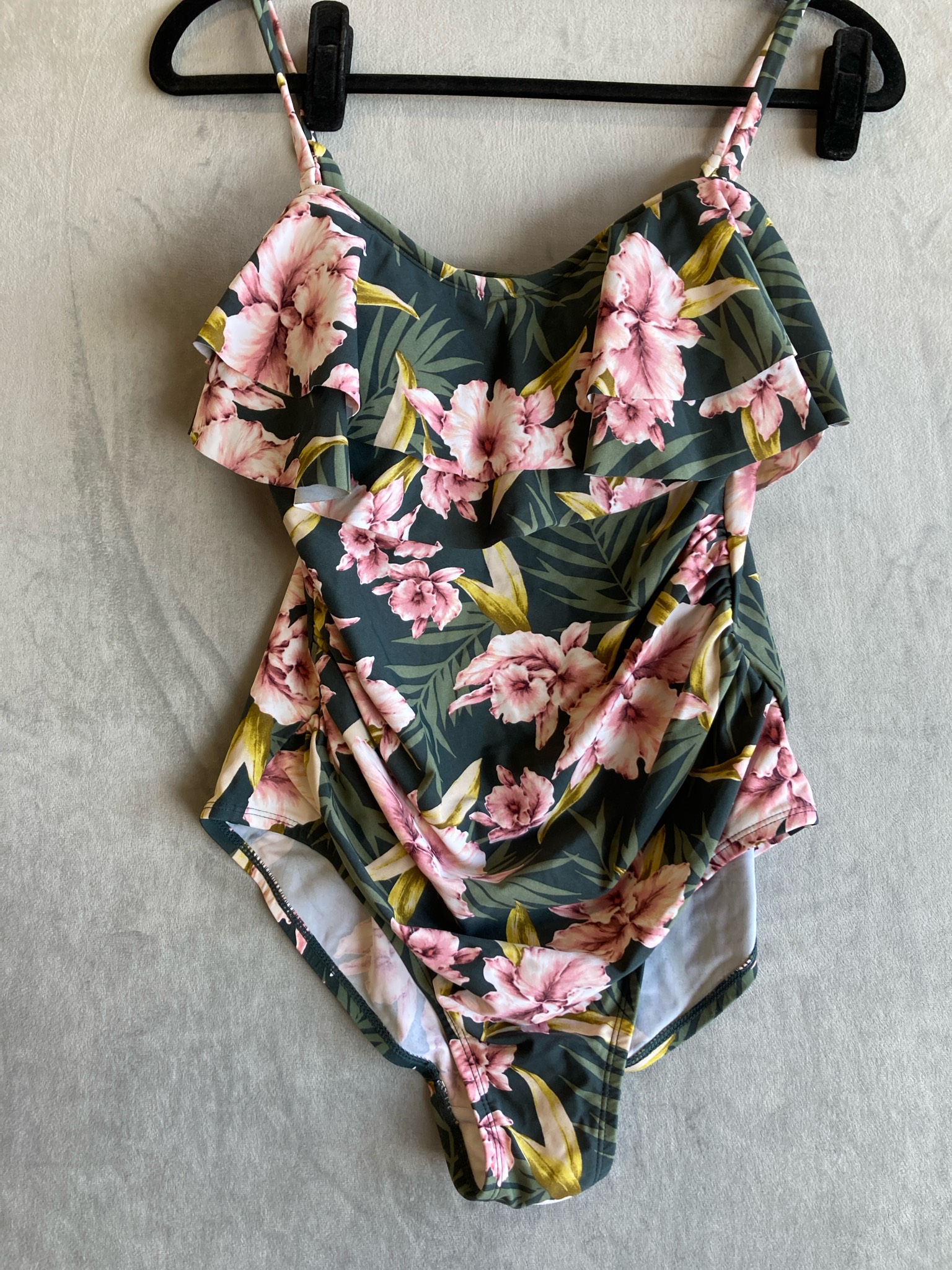 Kona Sol Dark Green Tropical Floral Swim One-Piece Size M