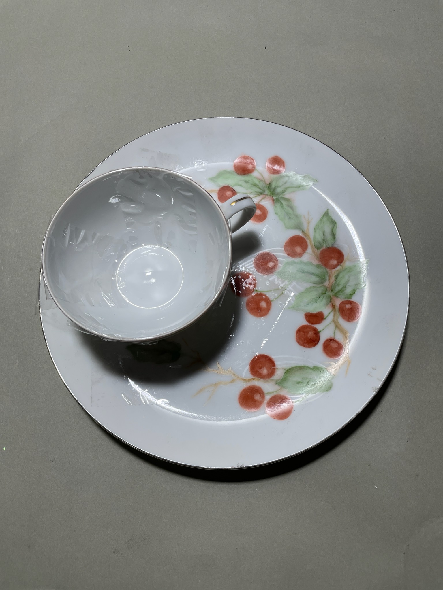 Laurel China White Cherry Motif Porcelain Teacup and Saucer
