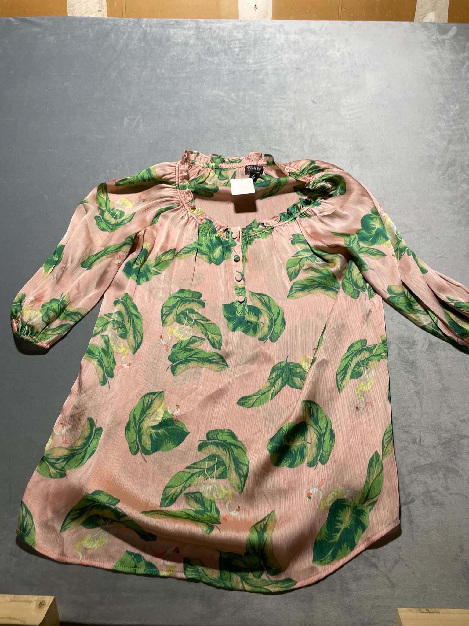 The Web Pink Tropical Leaf Woven Blouse Size M