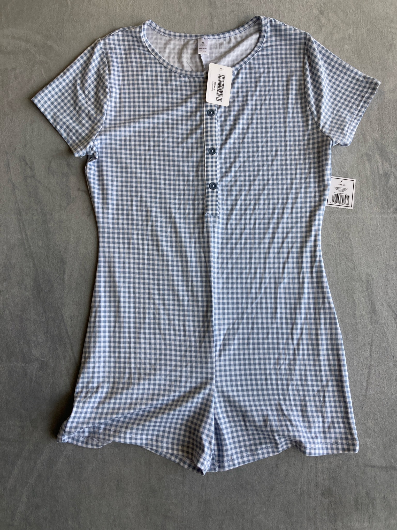 Light Blue Gingham Polyester-Blend Romper Size XL