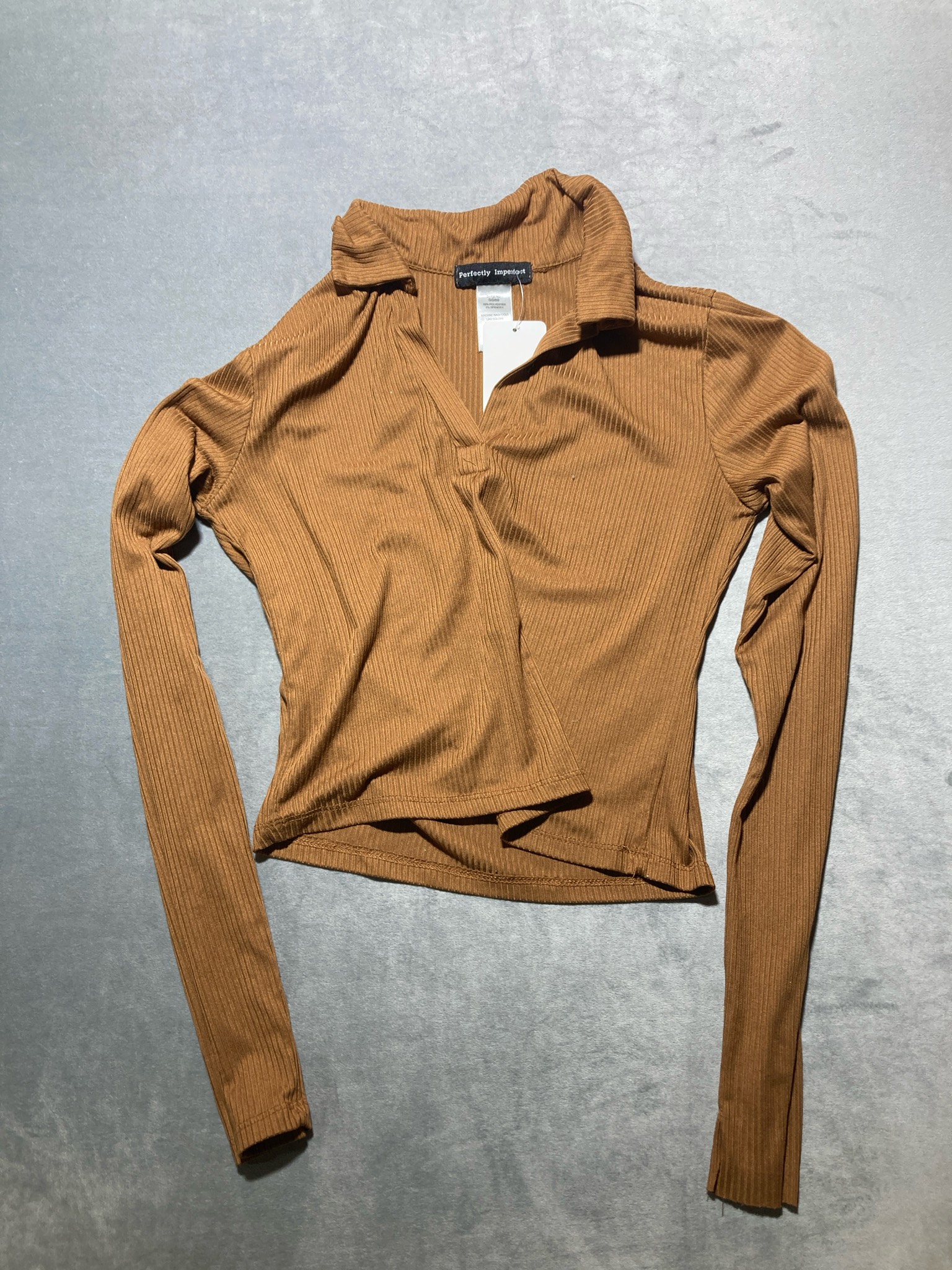 Perfectly Imperfect Caramel Ribbed Polyester-Blend Long Sleeve Top Size Medium