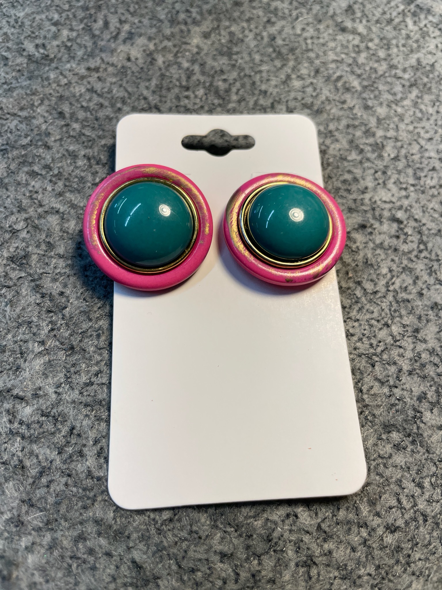Teal and Pink Button Clip-On Earrings