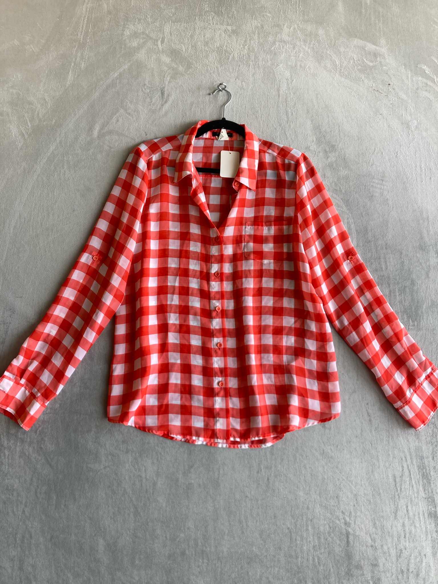 Twinning Red and White Gingham Polyester-Blend Button-Up Shirt Size G