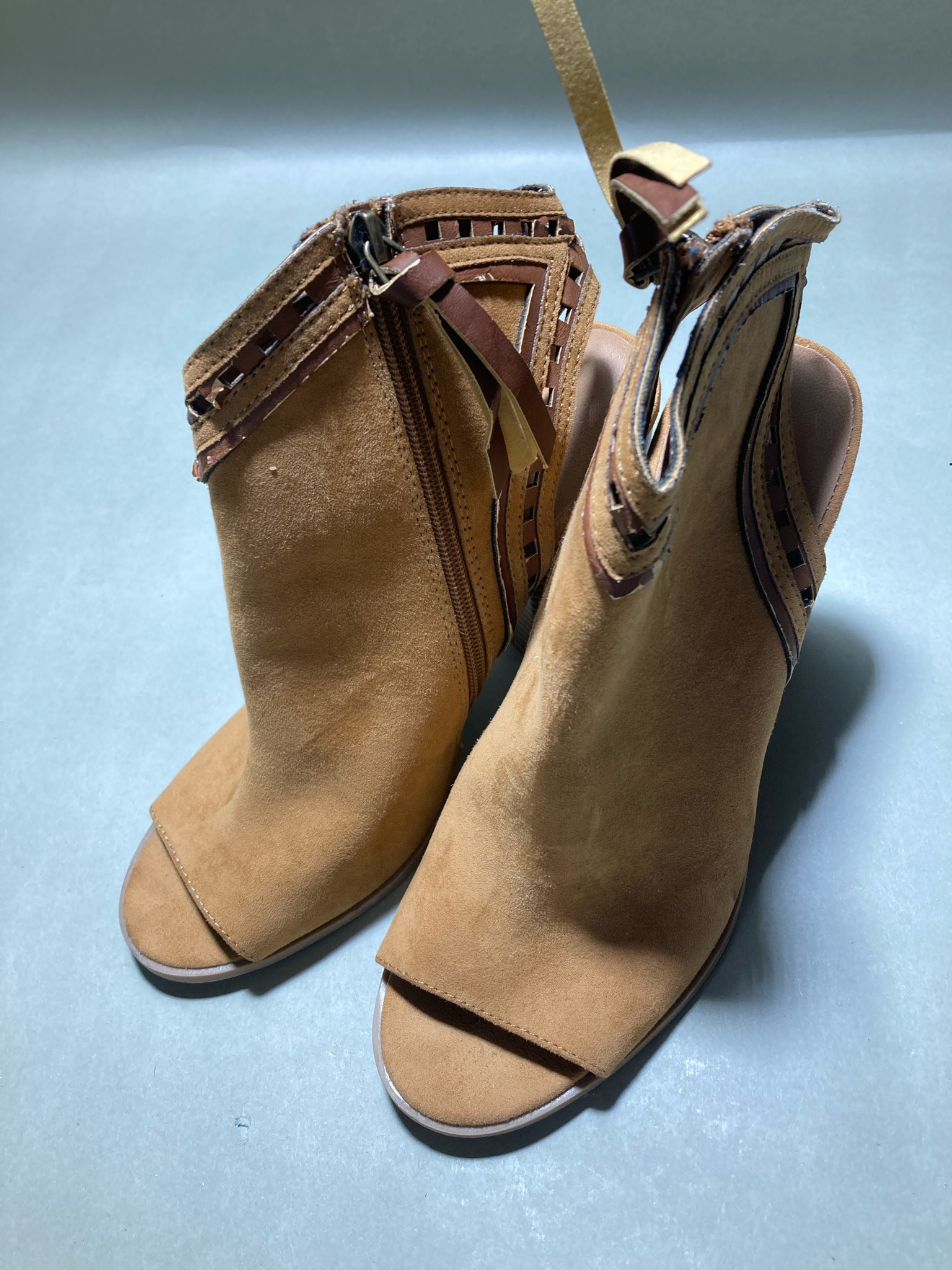 RILEY Tan Suede-Like Peep Toe Ankle Booties Size US M 8.5
