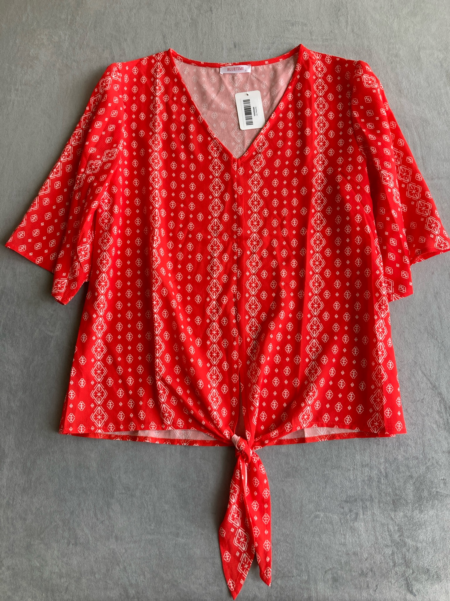 BLUETIME Red Geometric Woven Tie-Front Top Size L
