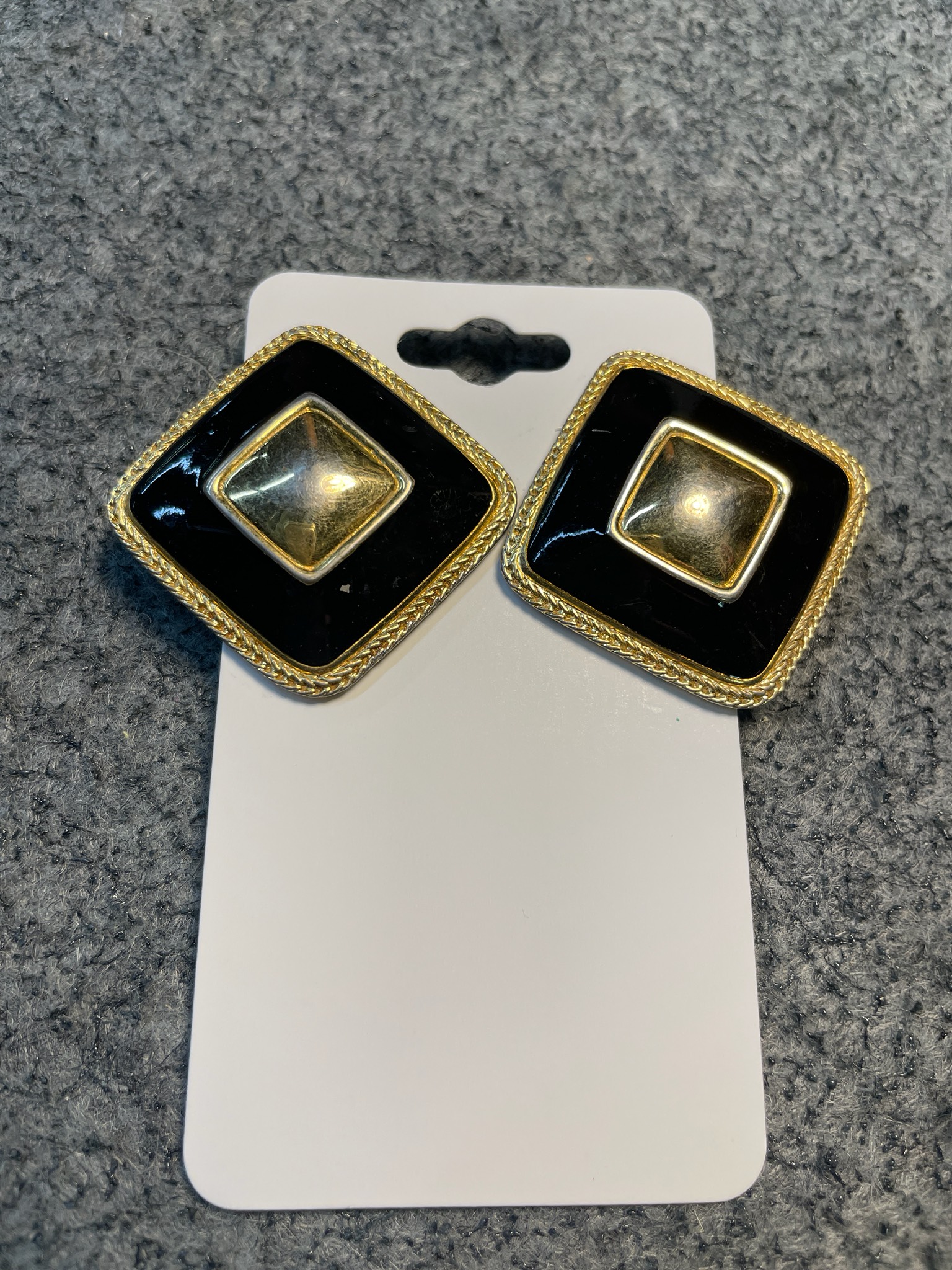 Vintage Premier Black Enamel Square Clip-On Earrings
