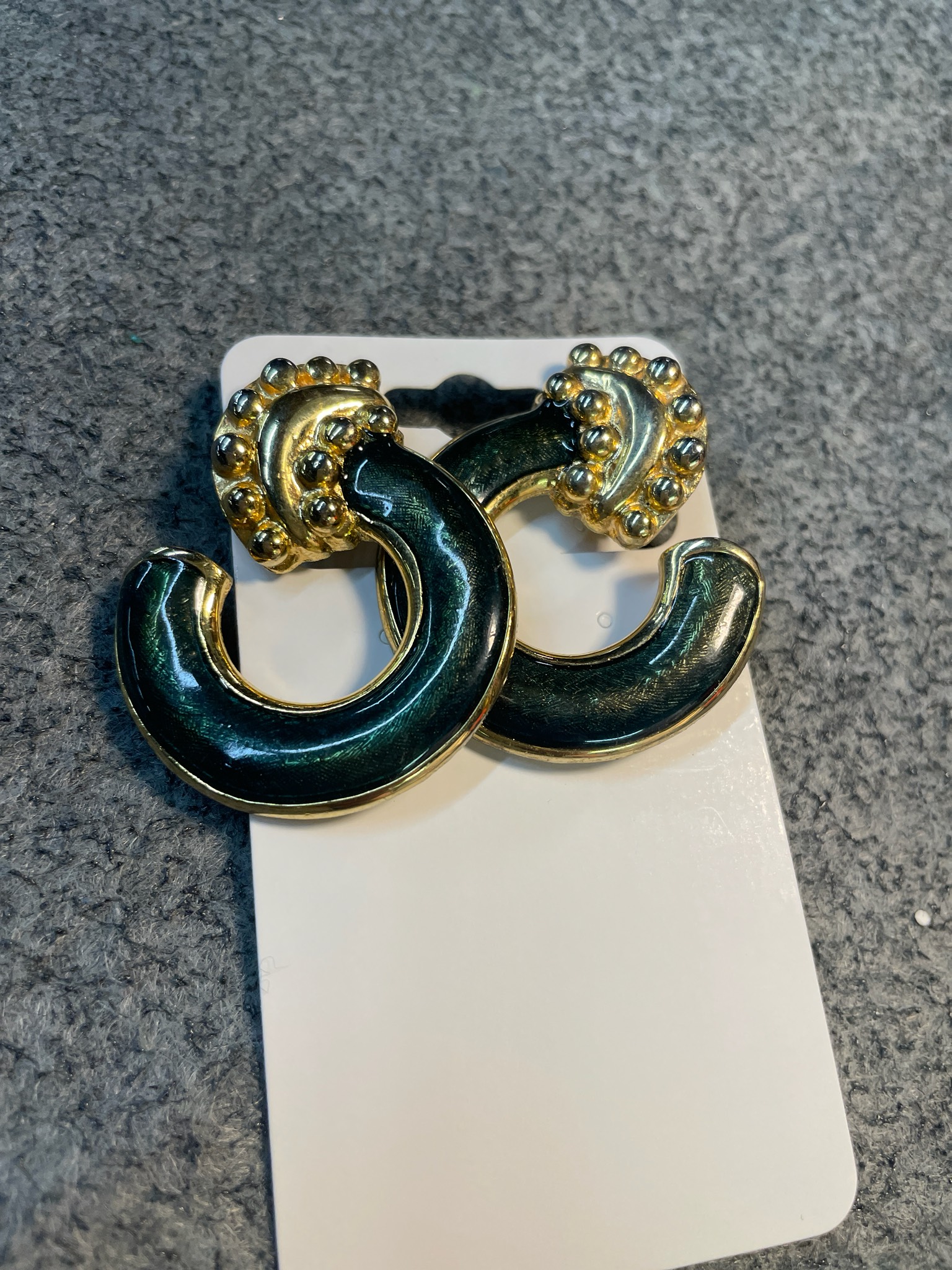 Vintage Dark Green Enamel Crescent Clip-On Earrings