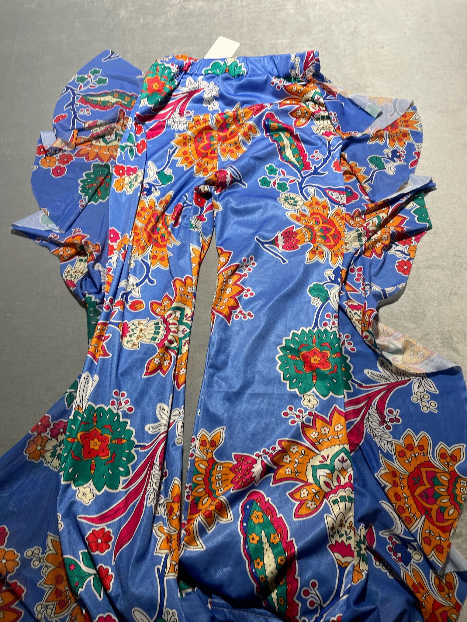 Blue Floral Paisley Satin-Like Wide-Leg Pants