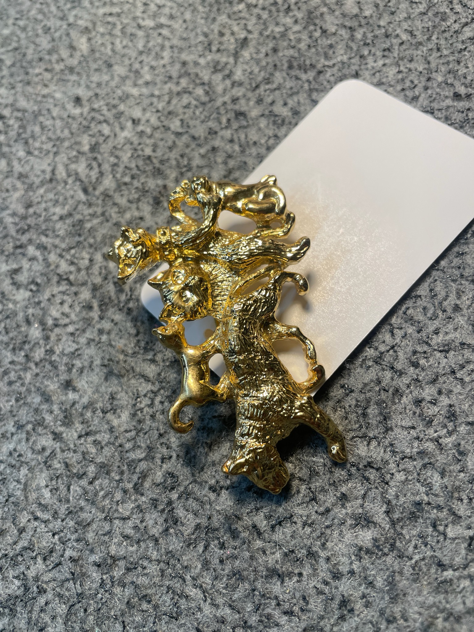 Gold Tone Stacked Cat Brooch