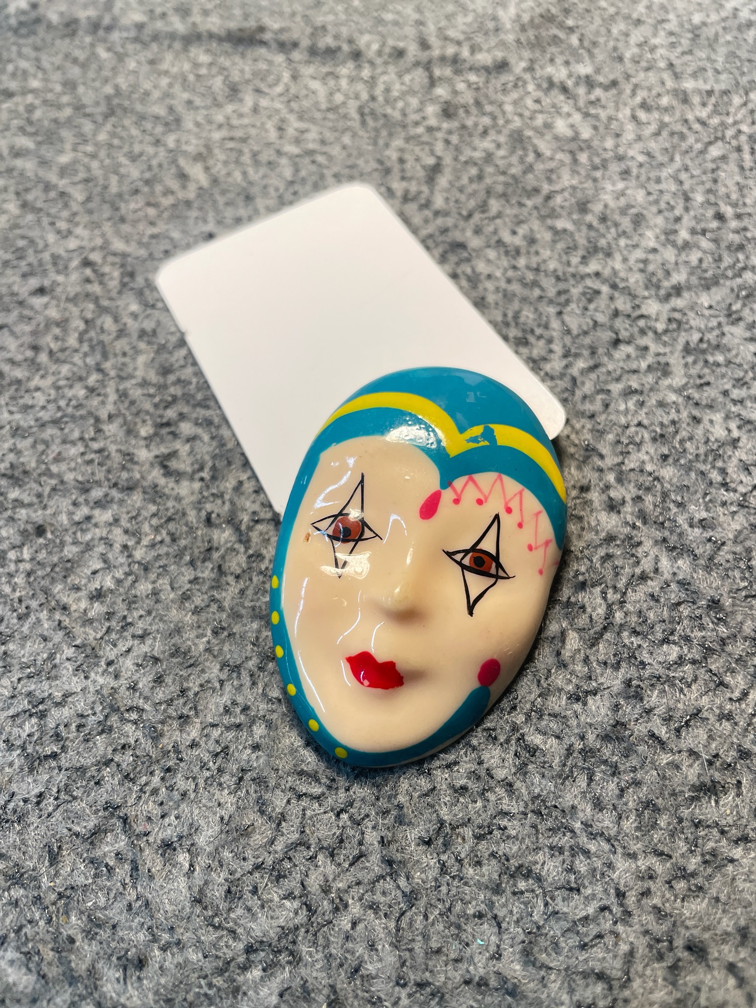 Cream Teal Painted Face Brooch